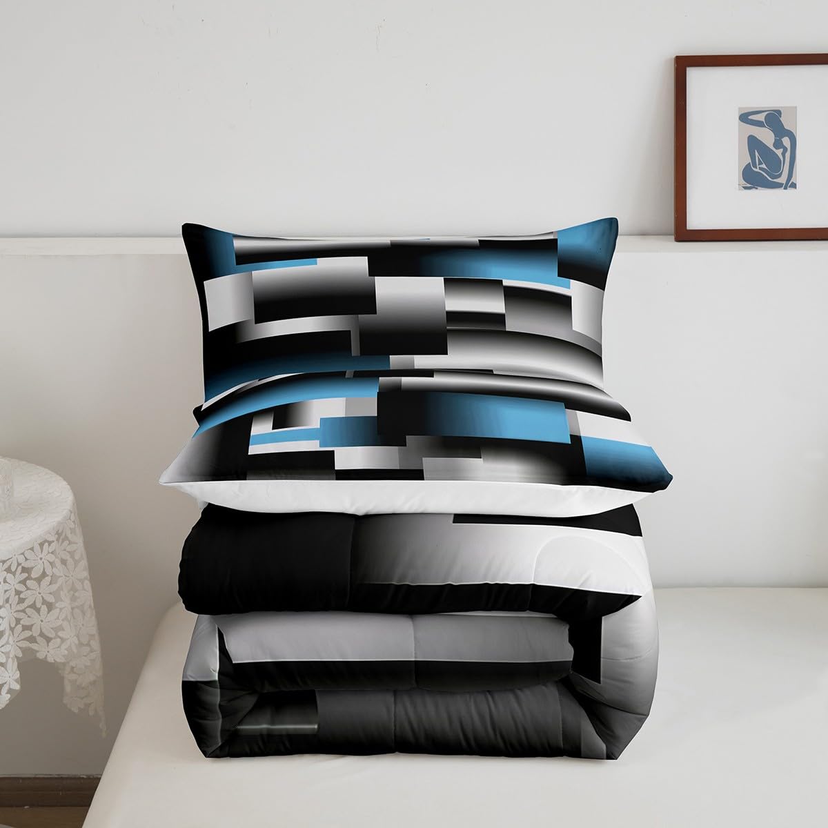 Feelyou Black Blue Geometric Comforter Set Kids Rendering Abstract Art Comforter for Women Men Rectangle Bedding Set Modern Duvet Set Room Decor Quilt Queen Size Boys