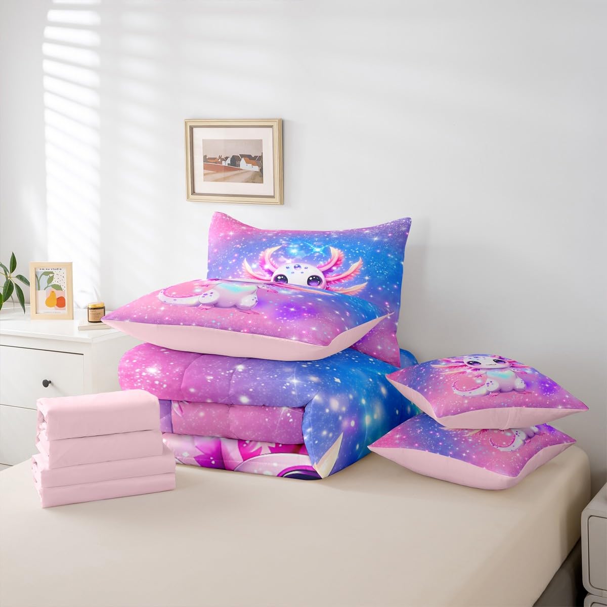 Erosebridal Kids Rainbow Axolotl Queen Comforter Set Teen Girl Cute Axolotl Bed in a Bag with Flat and Fitted Sheet Kawaii Coastal Ocean Animal 7-Piece Bedding Set Colorful Salamander Quilt Duvet Sets