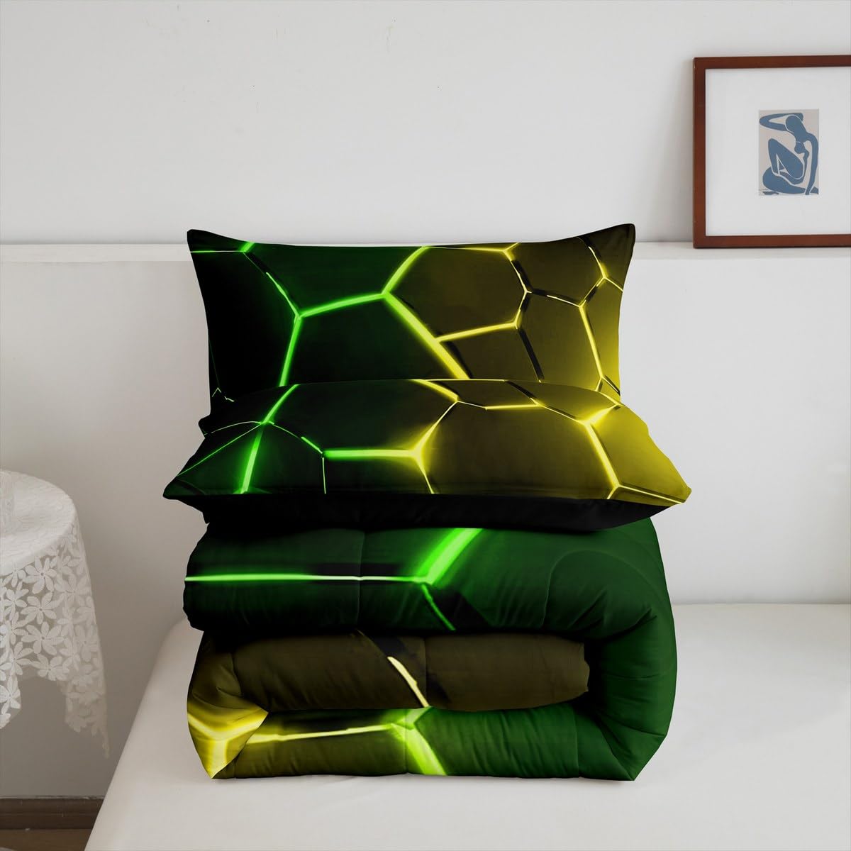 Feelyou Honeycomb Comforter Green Yellow Hexagonal Print Bedding Set for Kids Boys Girls Children Beehive Geometrical Comforter Set Ultra Soft Decor Reticulated Duvet Set Twin Size