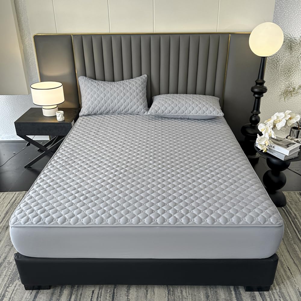 ZIQINPSQ Gingham Fitted Sheet Full Size - 18" Deep Pocket Cotton Quilted, Non-Slip Skincare Bed Sheet,Light Grey