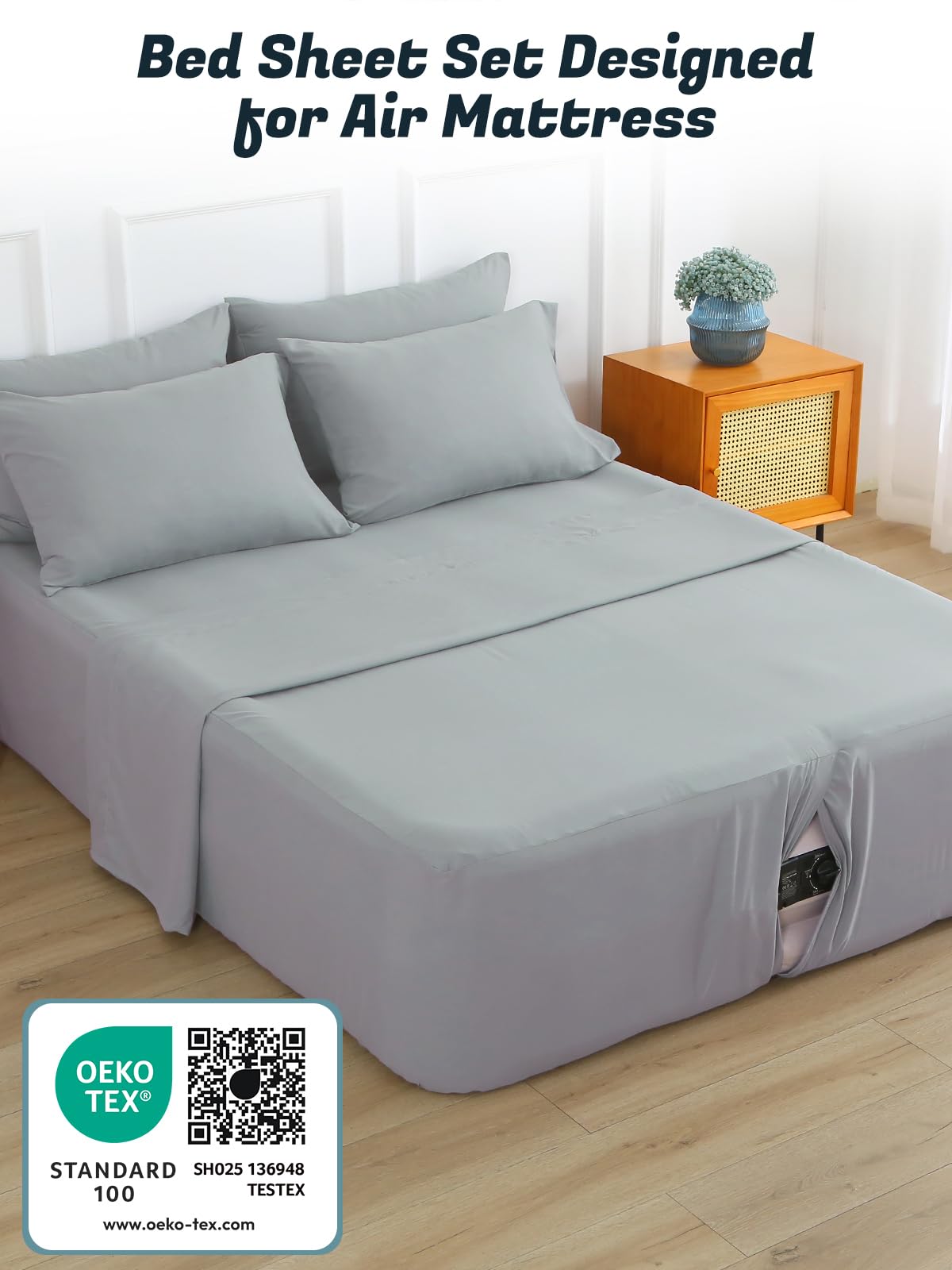 Extra Deep Pocket Twin Sheet Set for Air Mattress, 3 Piece Air Bed Sheets Set with 18-24 Inches Depth, Soft & Breathable Inflatable Bed Sheet Set with Flat Sheet, Fitted Sheet and Pillowcase, Grey