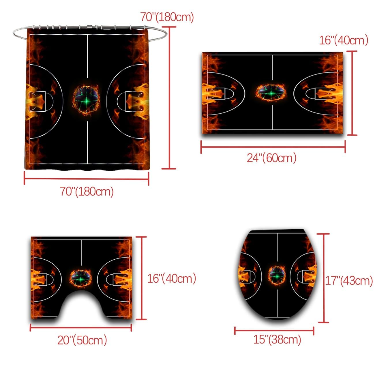 JPSBJWJ 4 Pcs Basketball Court Bathroom Set - Black Basketball Shower Curtain Sets Cartoon Sports Shower Curtain with Rug,Toilet Cover,U Shaped Mat and 12 Hooks