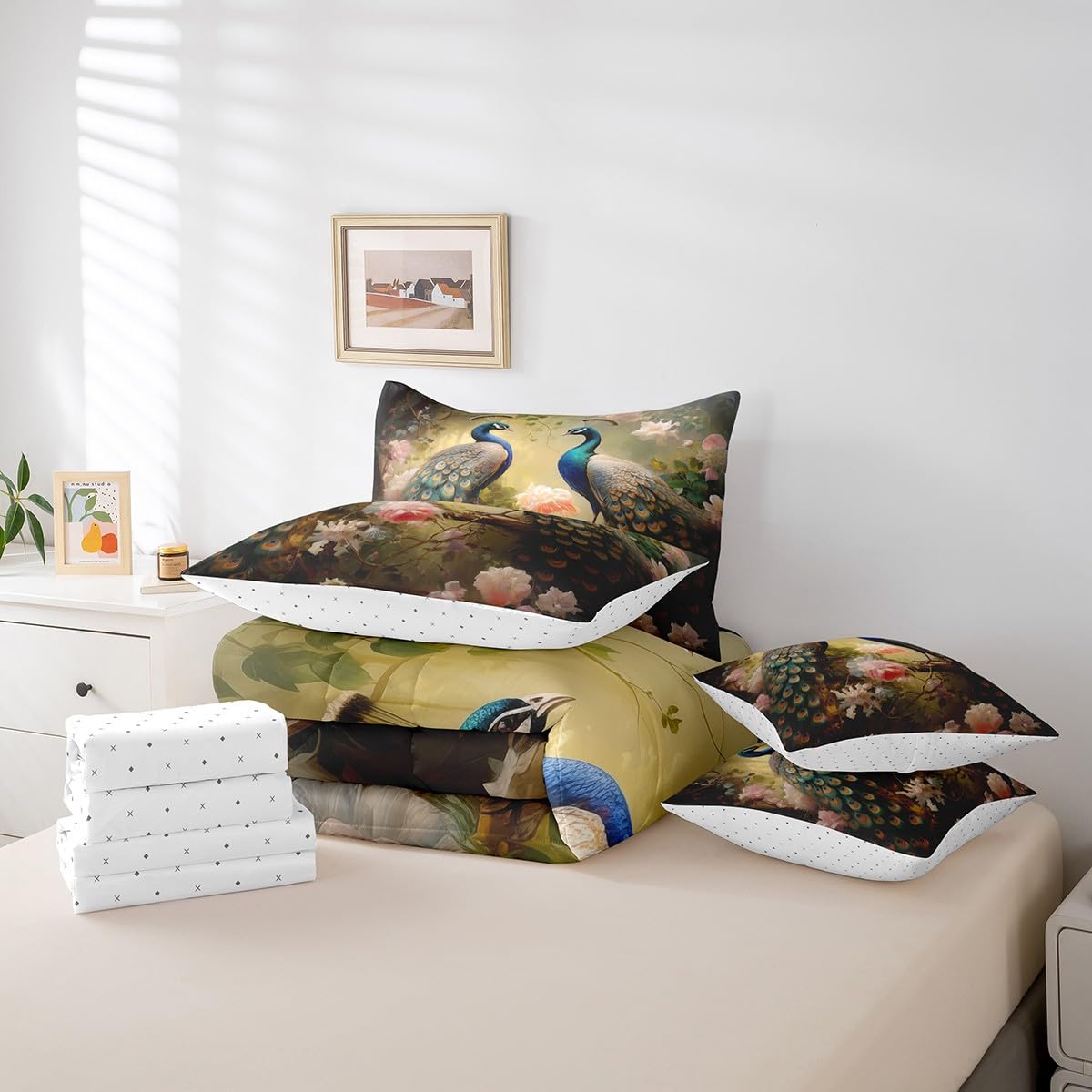 Erosebridal Chic Peacock Full Bedding Sets 7-Piece 3D Jungle Peacock Printed Comforter Set Wild Animal Comforter Set with Sheets Chic Pink Floral Bed in A Bag Dark Gold Bed Sheets Set,for All Season