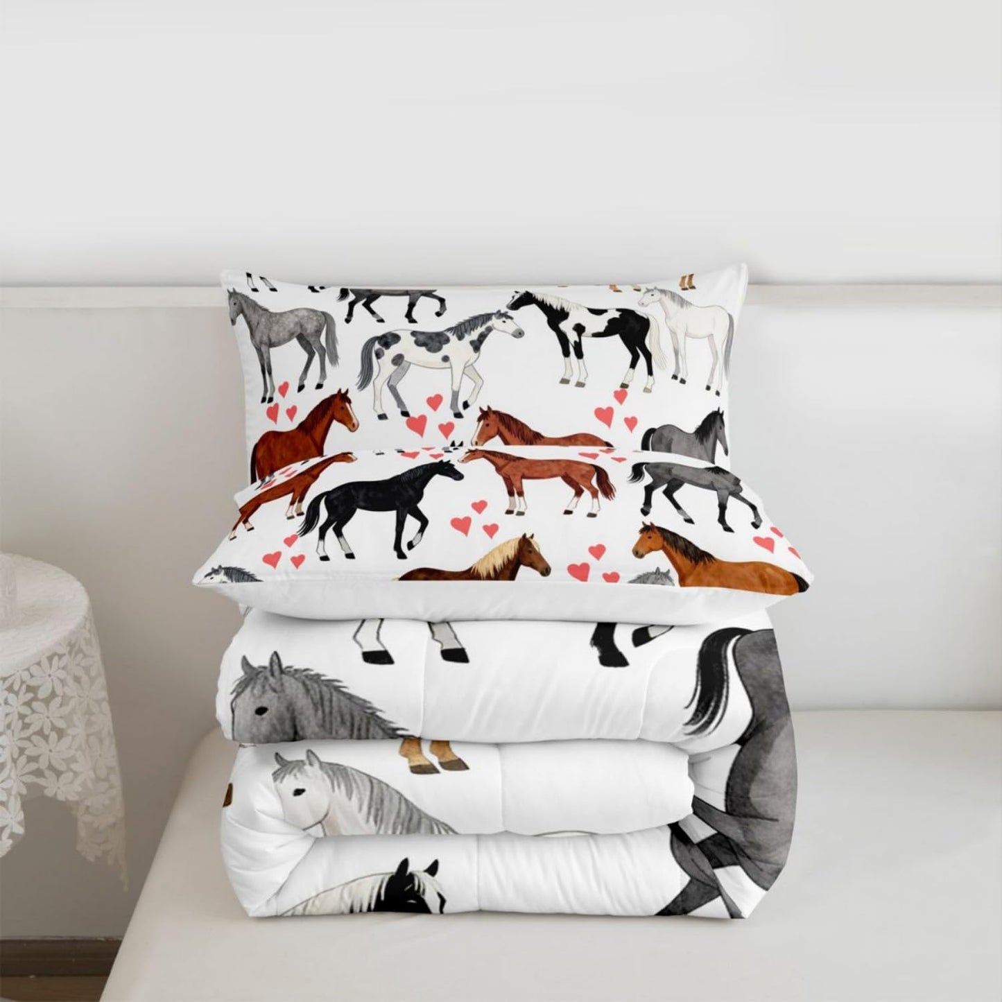 Erosebridal Kawaii Comforter Horse Comforter Set Queen Farm Bedding Set Kids Boys Girls Cute Animal Duvet Set Cartoon Horses with Pink Lover Heart Room Decor Duvet Set Cowboy Cowgirls Comforter Set
