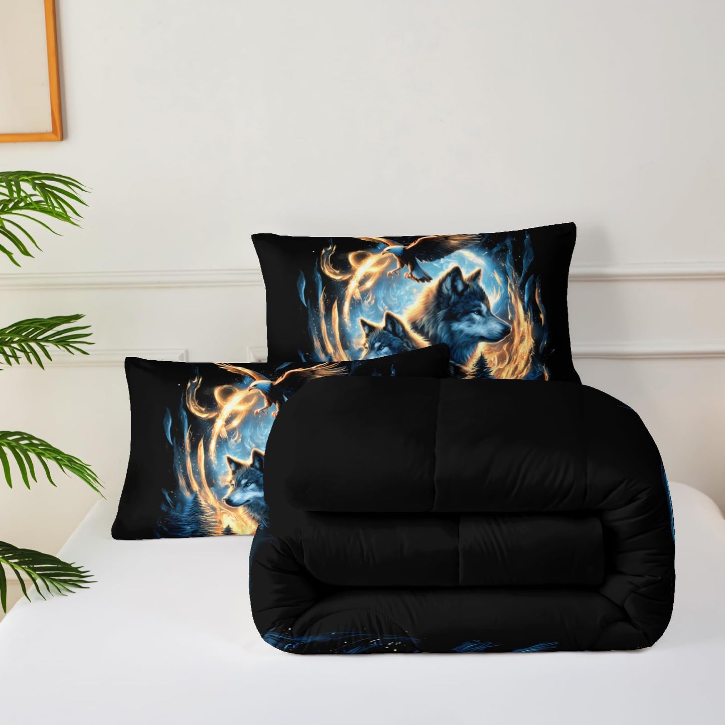 lneffble Moon Wolf Comforter Set Twin for Teen Boys Girls,Howling Wolves Comforter Forest Eagle Bed Set,Wild Animals Bedding Set for Kids Bedroom Decor,All Seasons