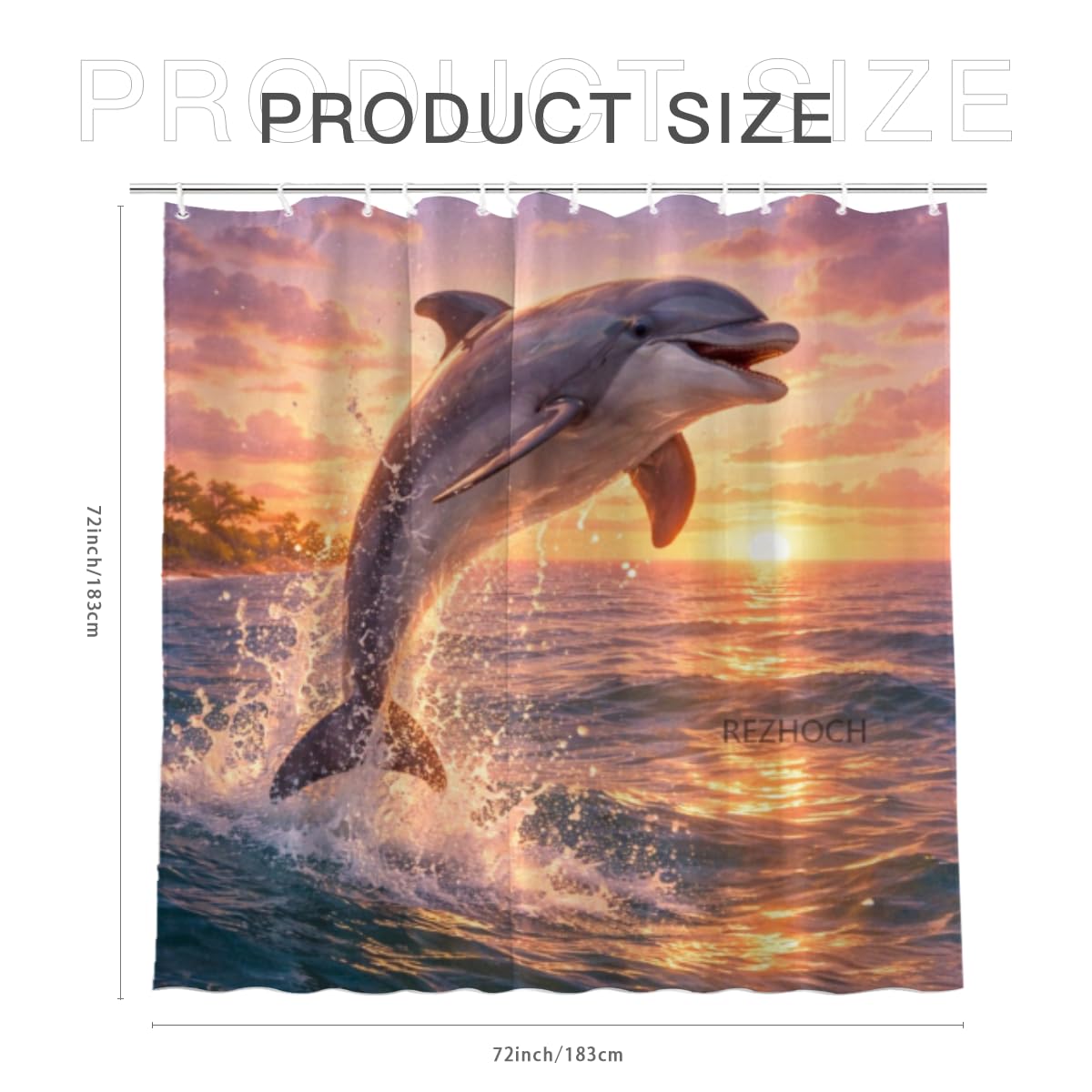REZHOCH Coastal Funny Dolphin Shower Curtain 72x72 Inch,Cute Animal Sunset Beach Flowers Ocean Seaside Home Bathroom Decor Fabric Waterproof Bath Bathtub Set with 12 Hooks