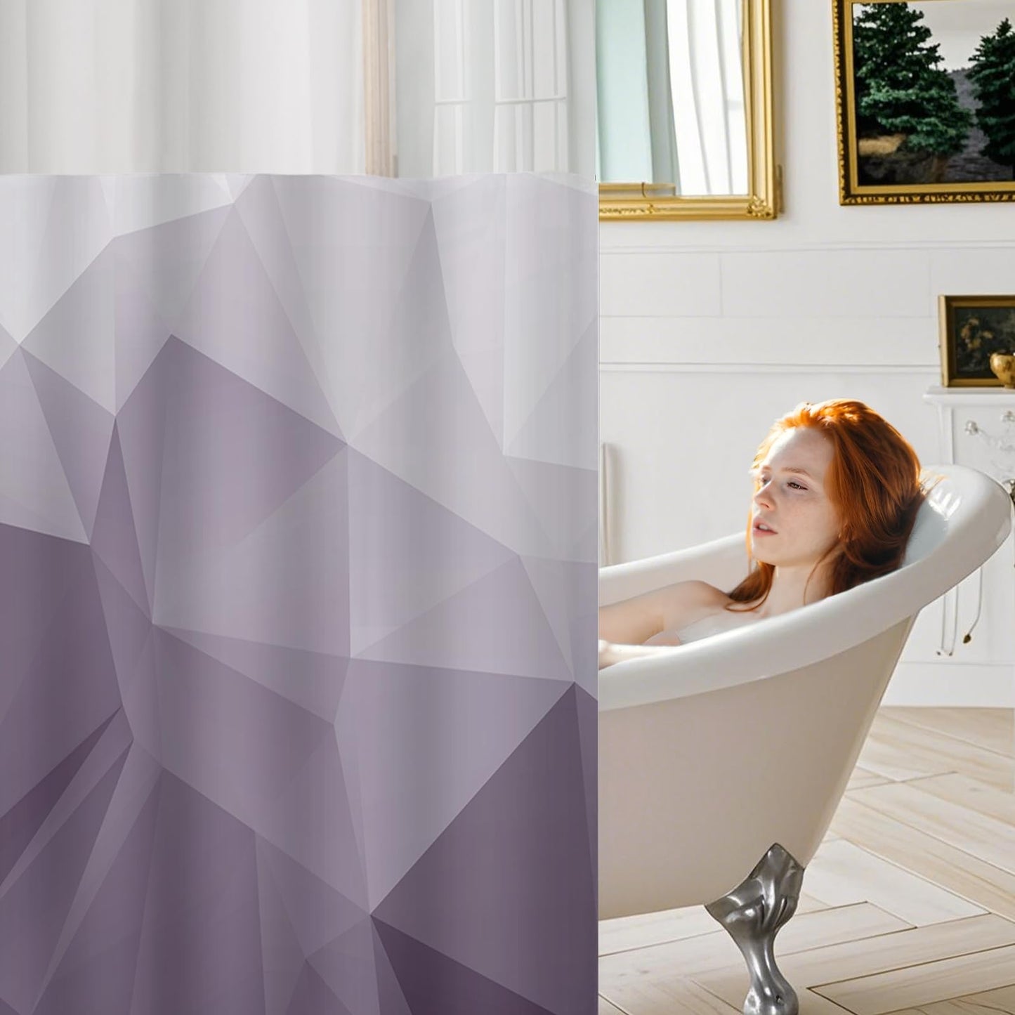 AXURXUI No Hook Shower Curtain with Snap in Liner and Sheer Window, Purple Modern Geometric Fabric Shower Curtain Set for Bathroom Decor, 15-Second Quick Install, Abstract Irregular Ombre, 71"X74"