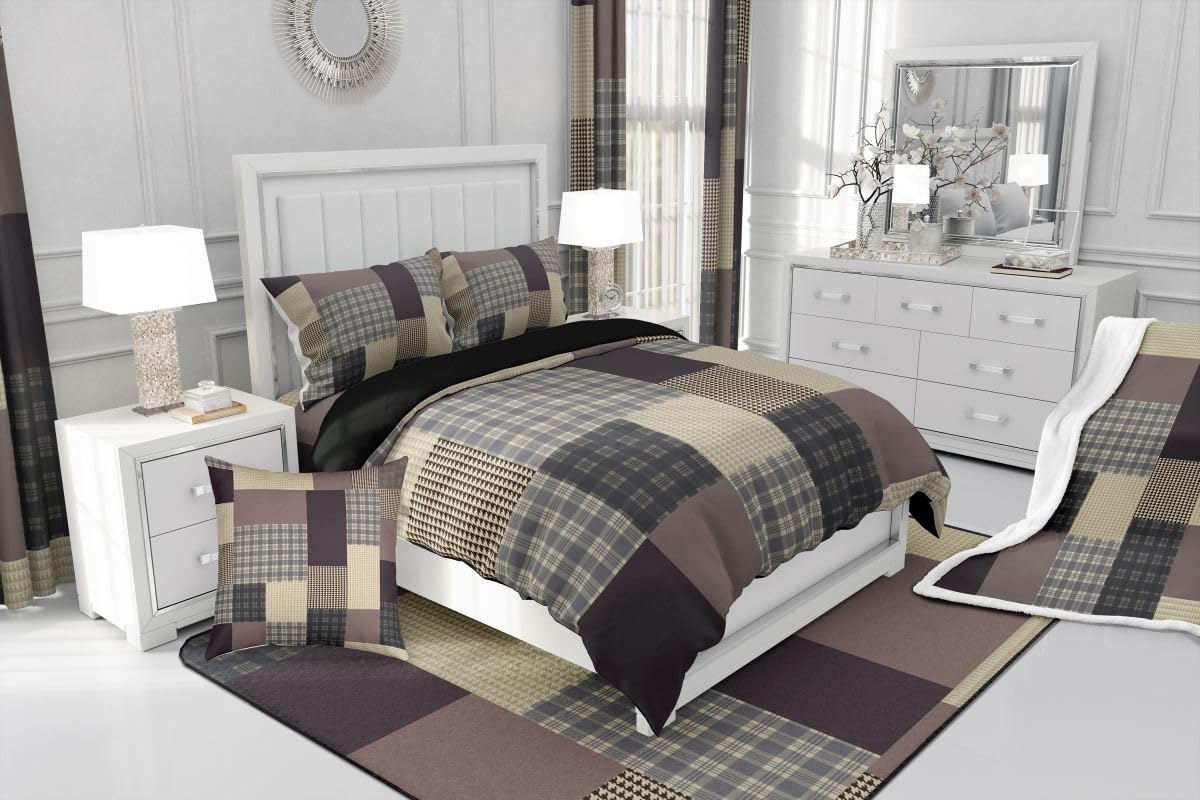 jejeloiu Plaid Comforter Set Queen Size Farmhouse Patchwork Bedding Set for Kids Boys Girls Rustic Lodge Cabin Duvet Quilt Check Checkered Bedroom Decor Microfiber 3 Pcs with 2 Pillow Cases