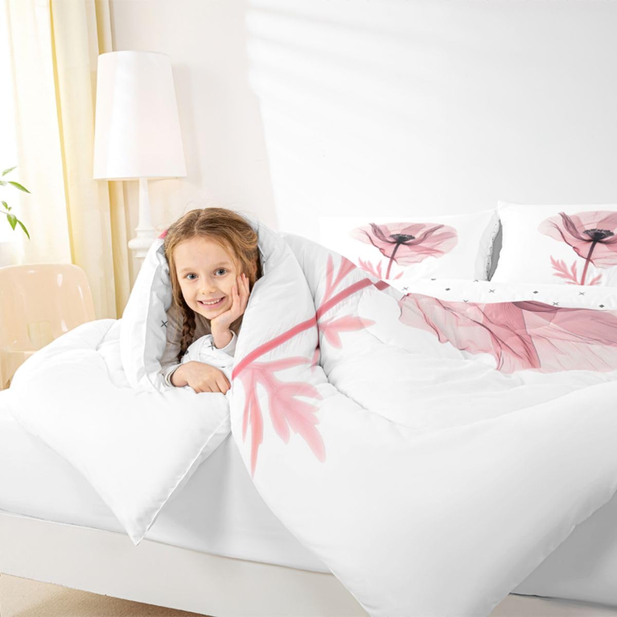 jejeloiu Abstract Flowers Bedding Set Soft for Boys Girls, Modern Art Comforter Set Toddler Size Pink Floral Duvet Quilt Microfiber Bedroom Decor 2 Pcs with 1 Pillow Cases