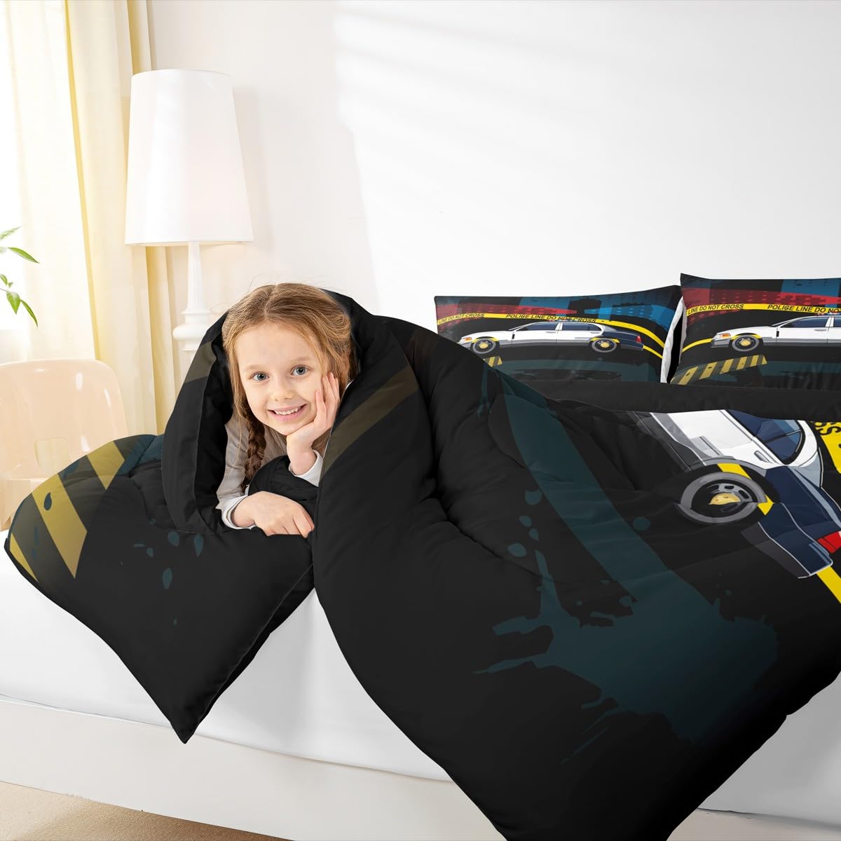 Feelyou Police Car Bedding Set Policeman Vehicle Boys Comforter Set for Kids Teens Soft Automobile Comforter Emergency Responder Vehicles Duvet Set Room Decor Twin Size Quilt Boys
