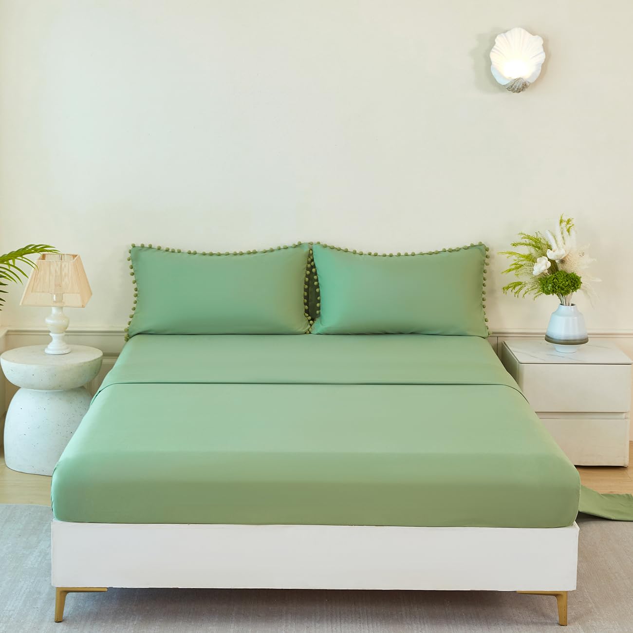 PERFEMET Green Bed in A Bag Twin Size 5 Pieces All Season Pom Pom Fringe Bedding Set for Girls Kids Soft Lightweight Boho Solid Comforter Set for Bedroom(Green, Twin)