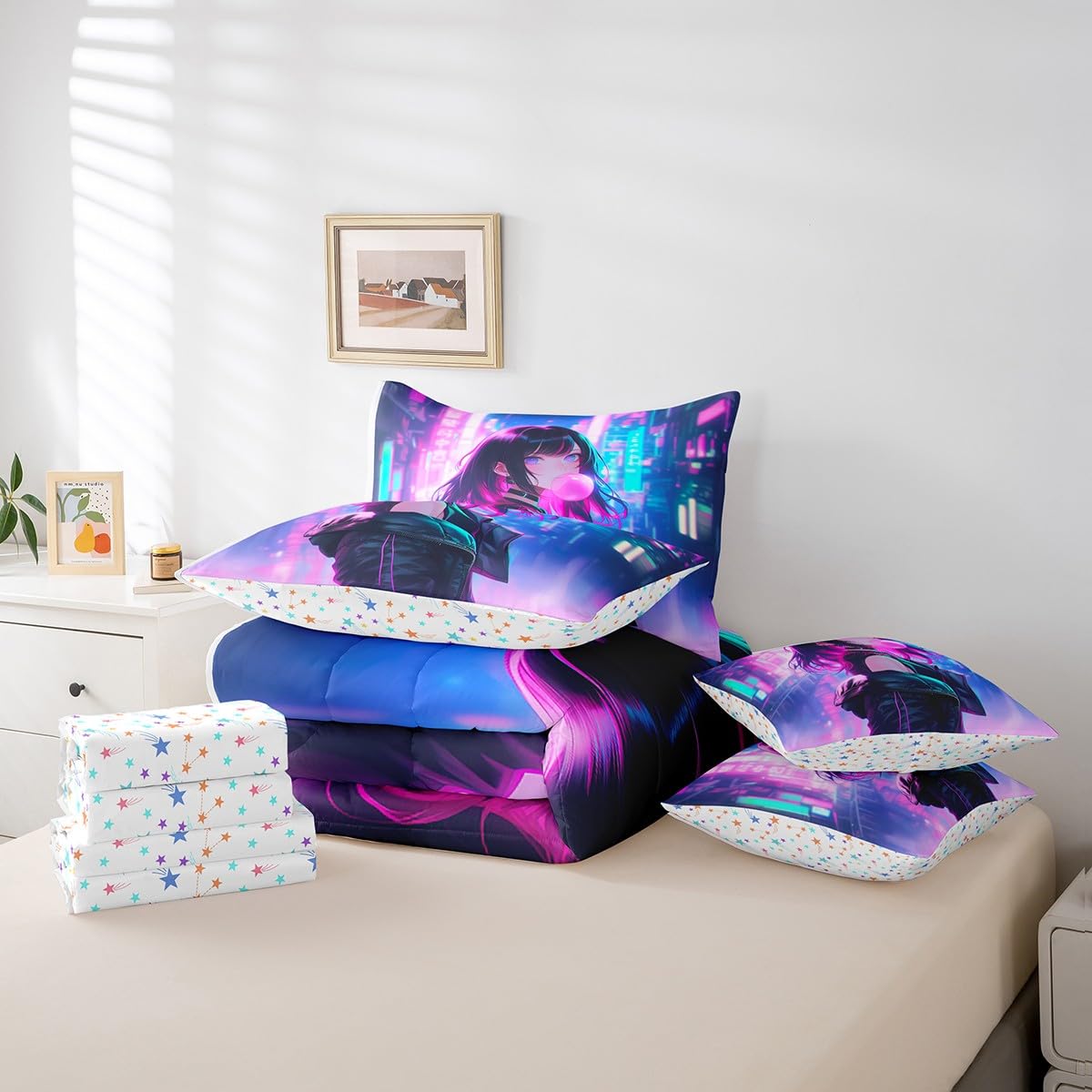 Erosebridal 7 Piece Anime Girl Comforter Set with Sheet Twin Size, Kawaii Japanese Anime Bedding Set for Kids Boys Teens Adult Women, Cartoon Girl Bed in a Bag Japan Animation Bedroom Decor