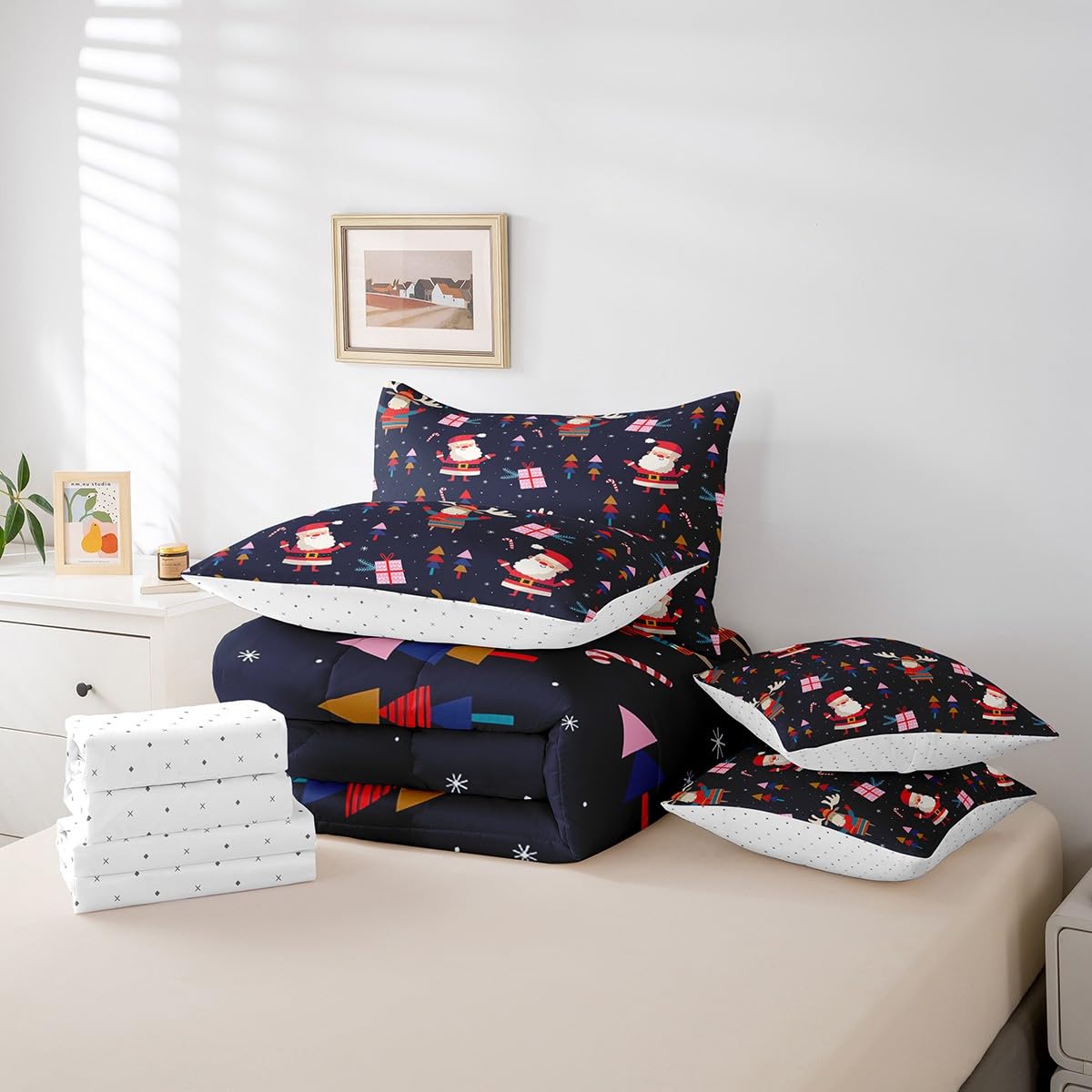 7 Piece Santa Claus Bed in a Bag Twin for Boys Girls Kids Christmas Sheet Set Christmas Themed Bedding Comforter Christmas Elk Decor Bed Sets Happy New Year Winter Themed Cushion Covers Blue