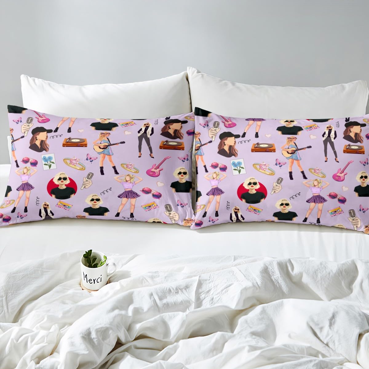 jejeloiu Music Bedding Set Full Size Girls Singer Bed Cover Gifts for Women Music Lovers Girly Guitar Bed Sheets Coworker Sister Friends Deep Pocket Fitted Sheet Purple Room Decor (No Top Sheet)