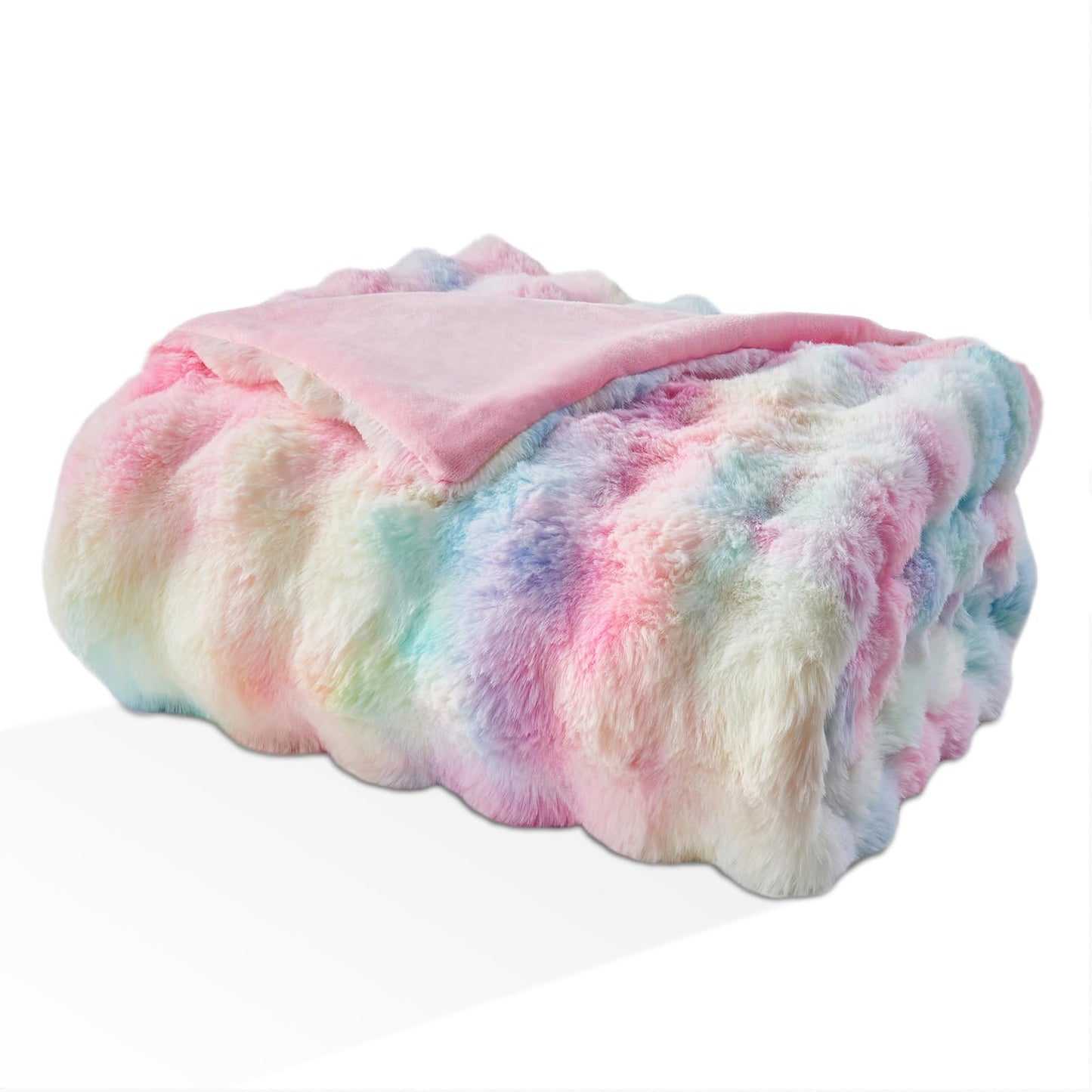 EMME Faux Fur Blanket King Size Rainbow - Big Bubble Rabbit Cozy Blanket for Couch, Thick Furry Plush Shaggy Blankets, 650GSM, 108x90 Inches