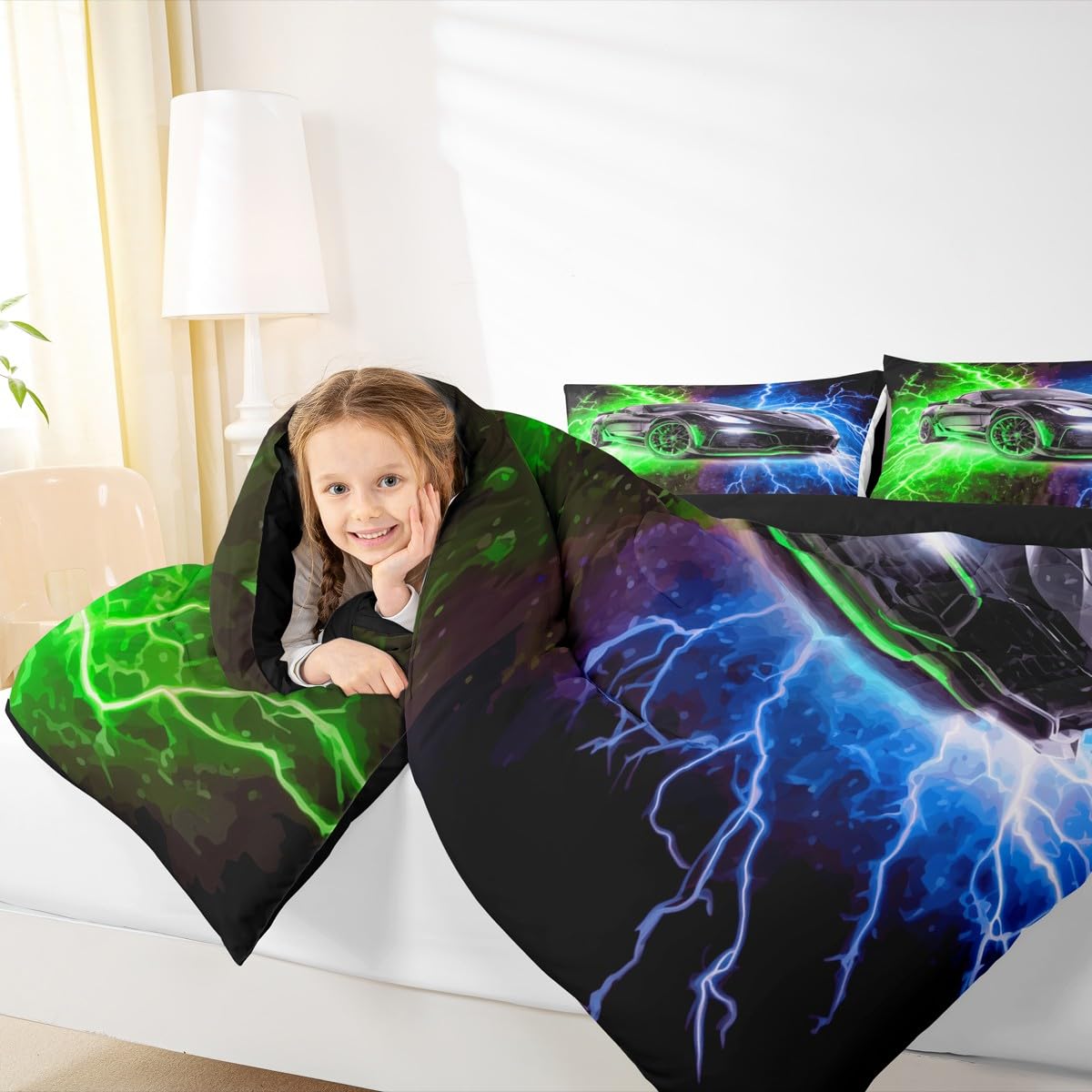 jejeloiu Race Car Kids Comforter Set Twin Size Automobile Bedding Set Blue Green Duvet Quilt for Kids Boys Girls Bedroom Speed Sports Car Decor Microfiber Ultra Soft Breathable