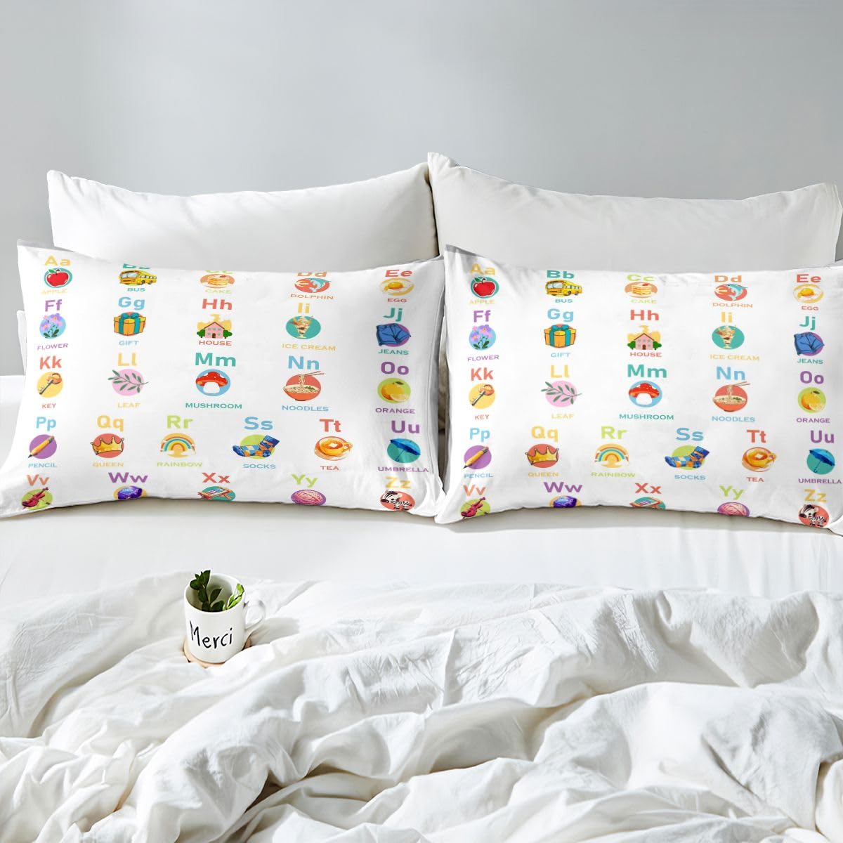 ABC Alphabet Fitted Sheet Twin Size, Cartoon Bedding Set Numbers Bed Sheet Set Kids Toddler Educational Learning Bed Cover with 1 Pillow Case (No Flat Sheet)