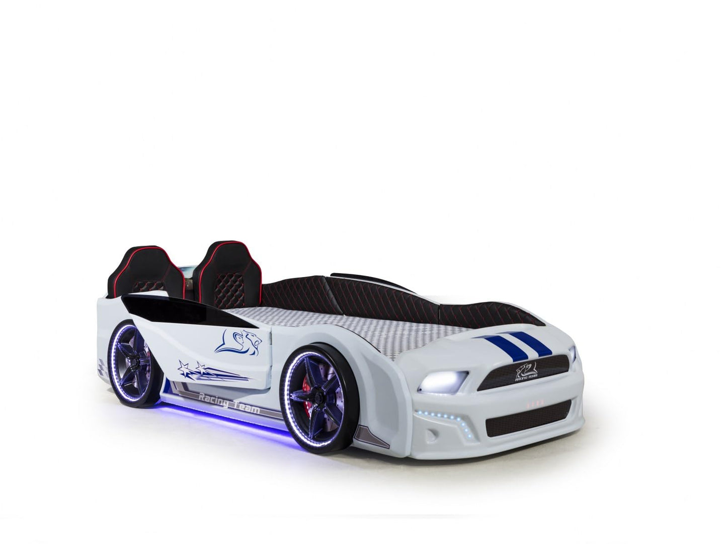 Luxury Race Car Bed for Kids – LED Lights, Sports Car Design, Sound Effects, Twin, Ergonomic & Comfortable Sleeping Experience (White)
