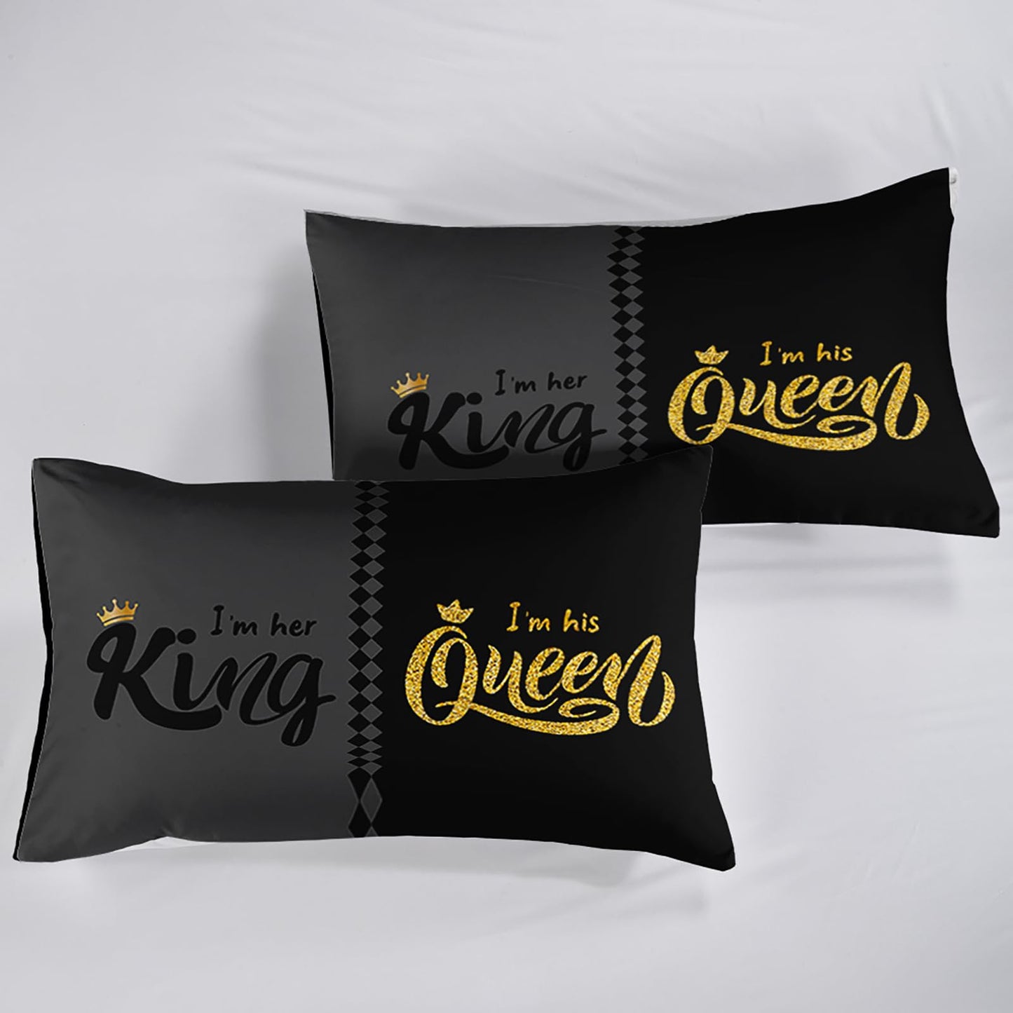 QOOMO 3Pcs Crown Queen and King Comforter Set Twin,Couple Bedding Set for Teens Boys Girls,Golden Printed Comforter with 2 Pillowcases,Down Alternative,Soft and Lightweight