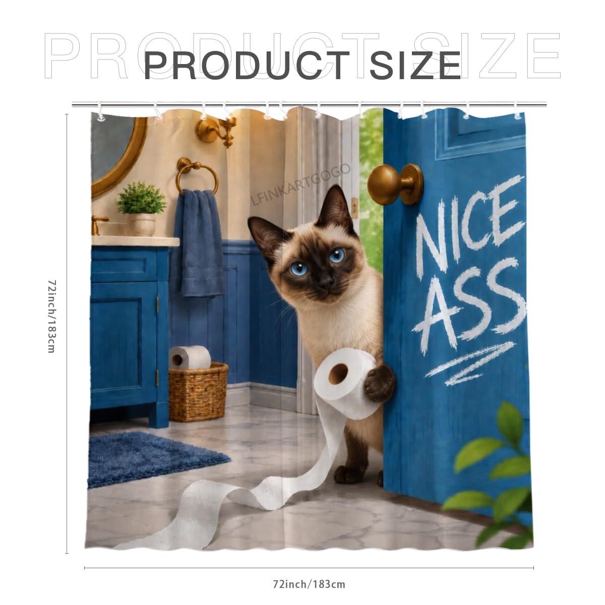 LFINKARTGOGO Funny Siamese Cat Shower Curtain 72x72 with 12 Hooks Humor Pet Animal Print Waterproof Washable Polyester Bath Curtain for Home Hotel Decor