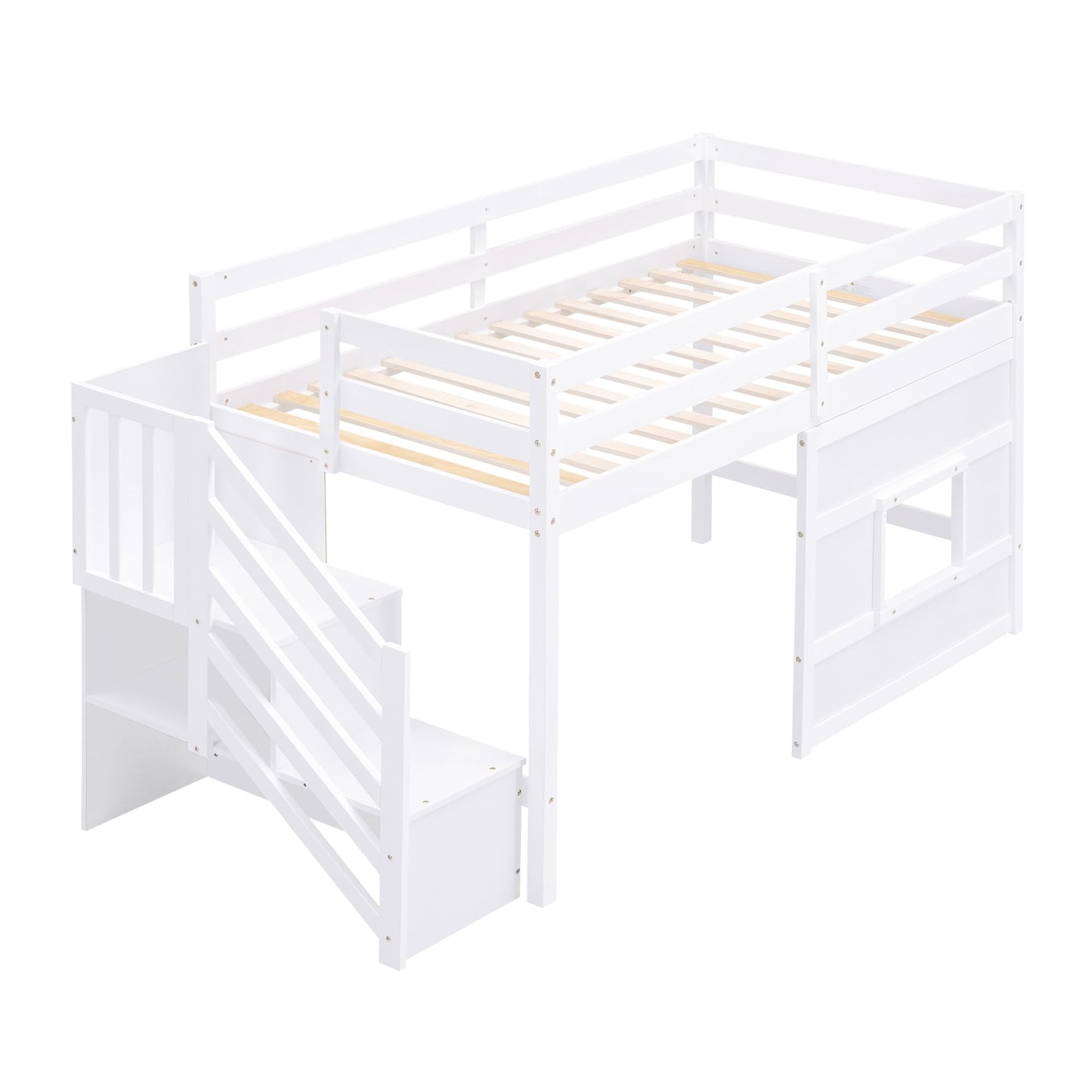 Harper & Bright Designs Twin Low Loft Bed with Staircase and LED for Kids,Wood House Loft Bed Frame with Window and Guardrails,White