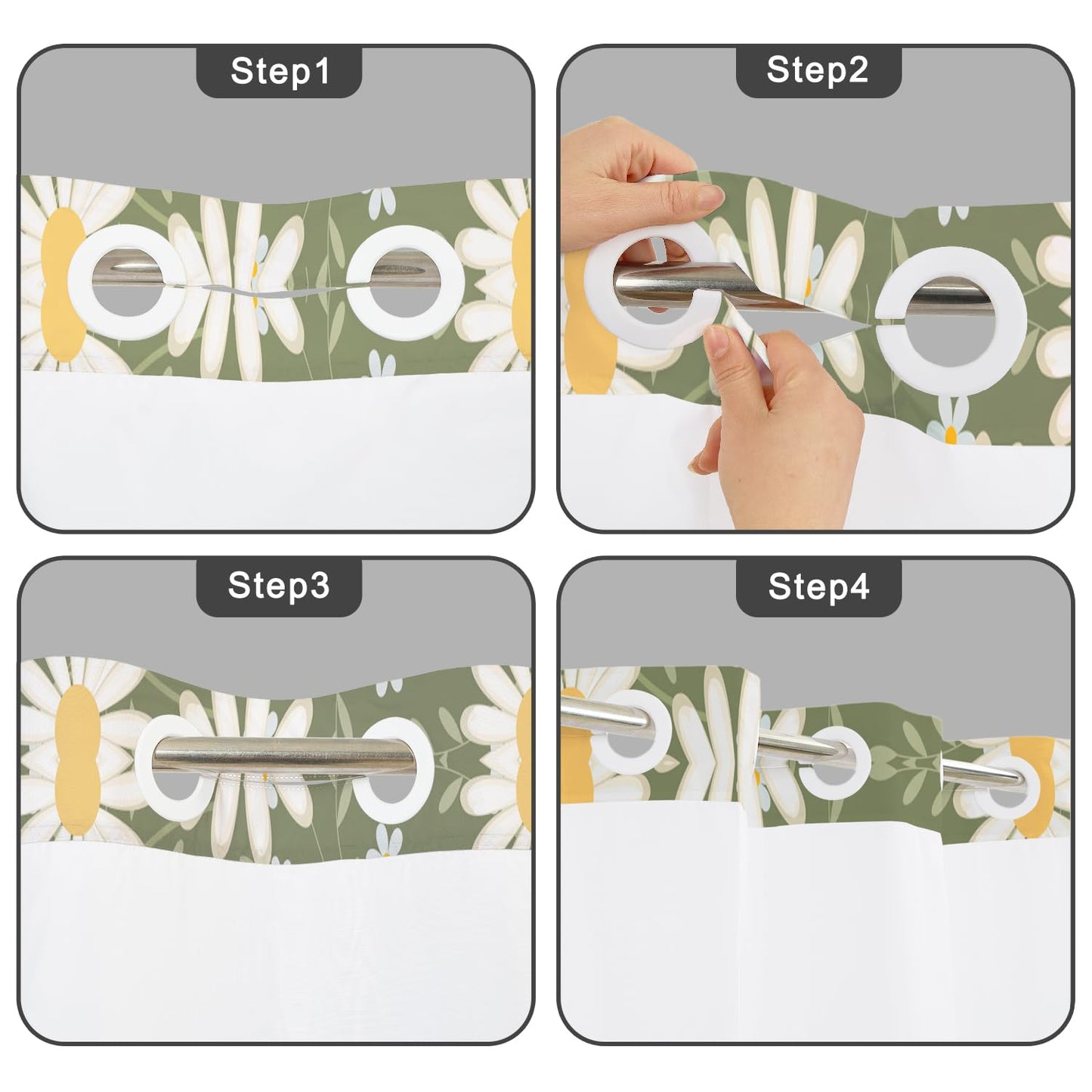 NAEMBCU No Hooks Daisy Shower Curtain with Snap in Liner, Green & White Daisy Floral Shower Curtains for Bathroom, Waterproof Cloth Fabric with See Through Mesh Top Window, 71x74 Inch