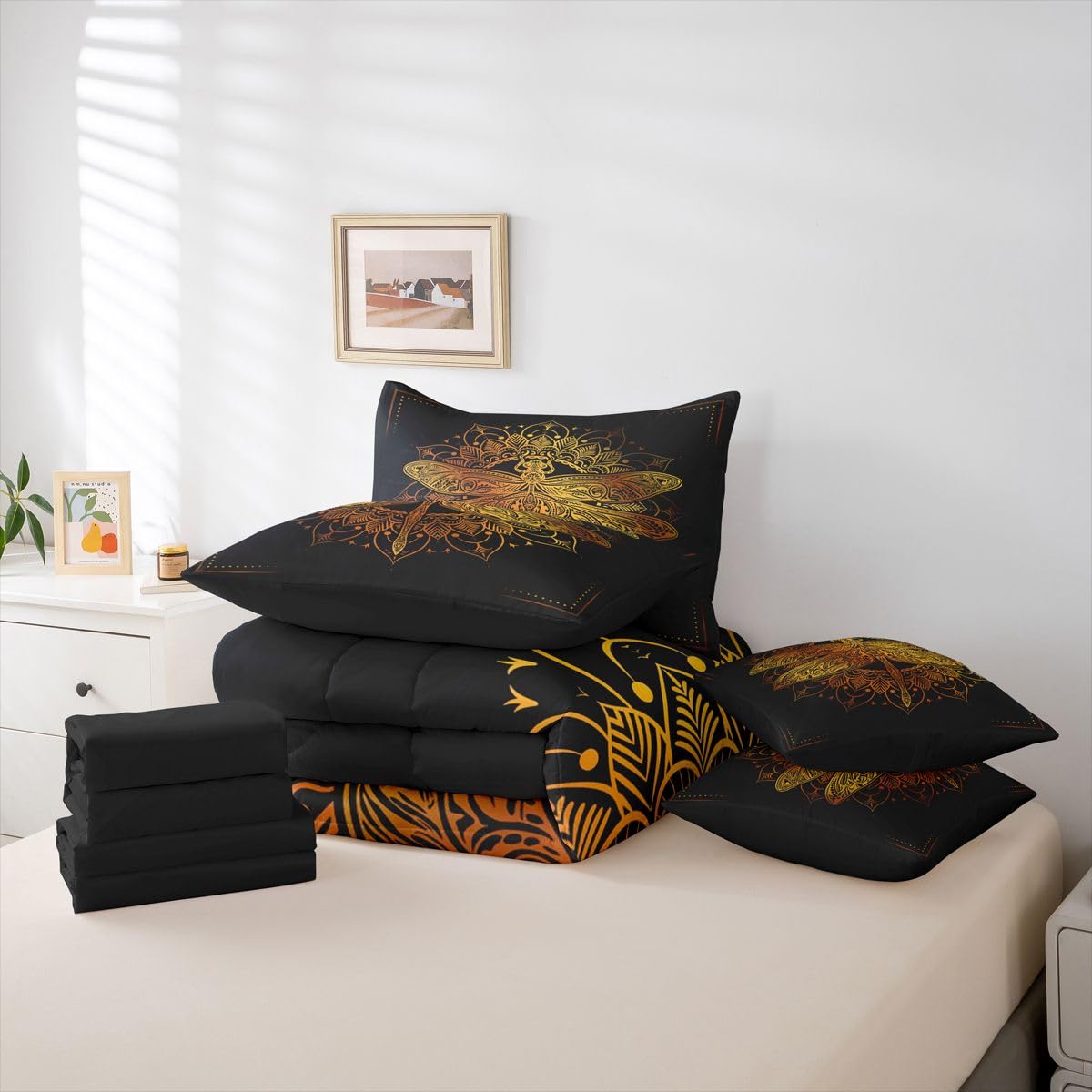 Erosebridal Gold Dragonfly Comforter Set Mandala Bed in A Bag King Size 7 Pieces Boho Bed Set Room Decor Exotic Style Bedding with Sheets