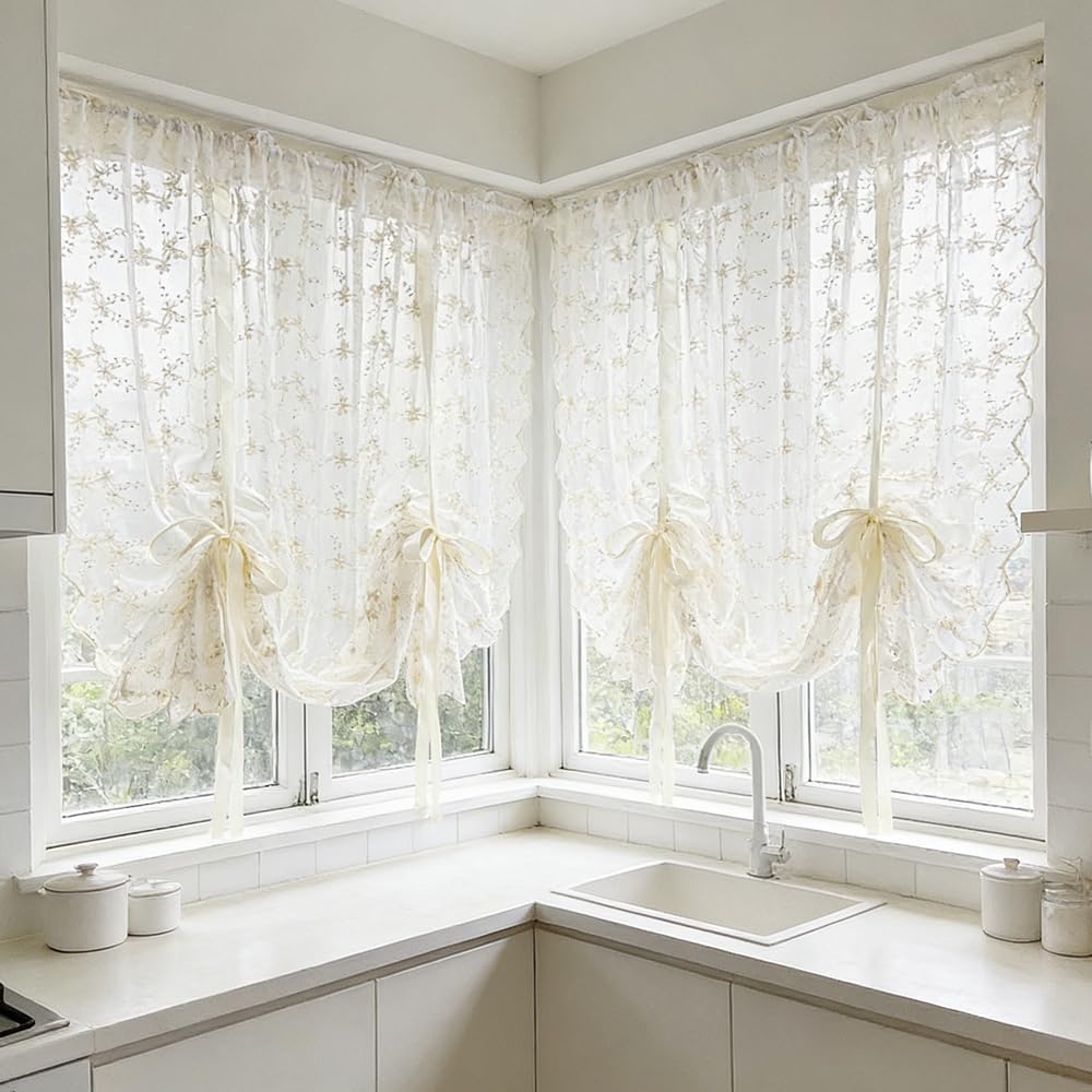 Beige Romantic Little Floral Woven Lace Tie Up Balloon Curtain for Kitchen