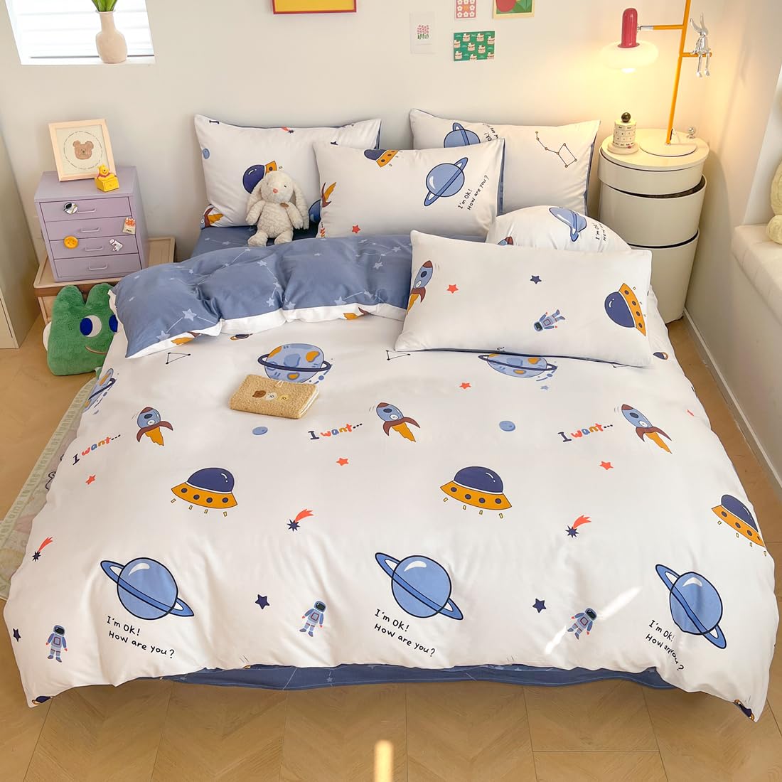 LIWHENHAO Space Duvet Cover Set Queen 100% Cotton Bedding Cartoon Astronaut Rocket Galaxy Print on White 1 Star Comforter Cover Full Zipper Closure 2 Pillowcases for Kids Girls Boys Woman