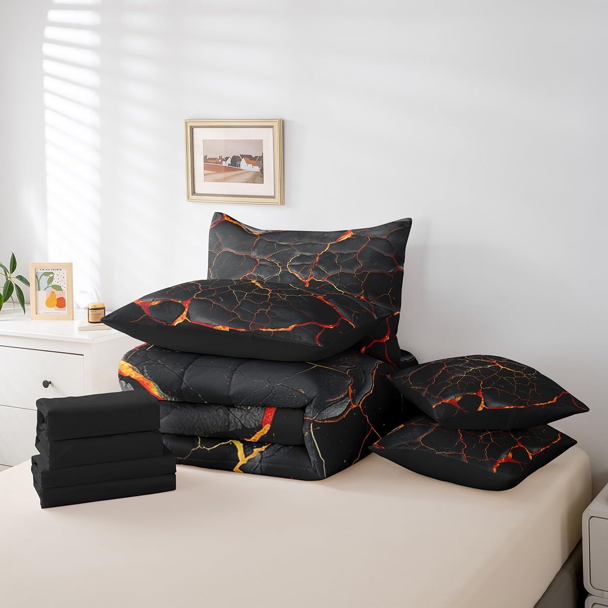 Erosebridal Lightning Comforter Sets with Sheets - Black Marble Print Bedding Set Queen for Boys Girls Orange Lava Theme 7Pcs Bed in A Bag Modern Abstract Bed Set