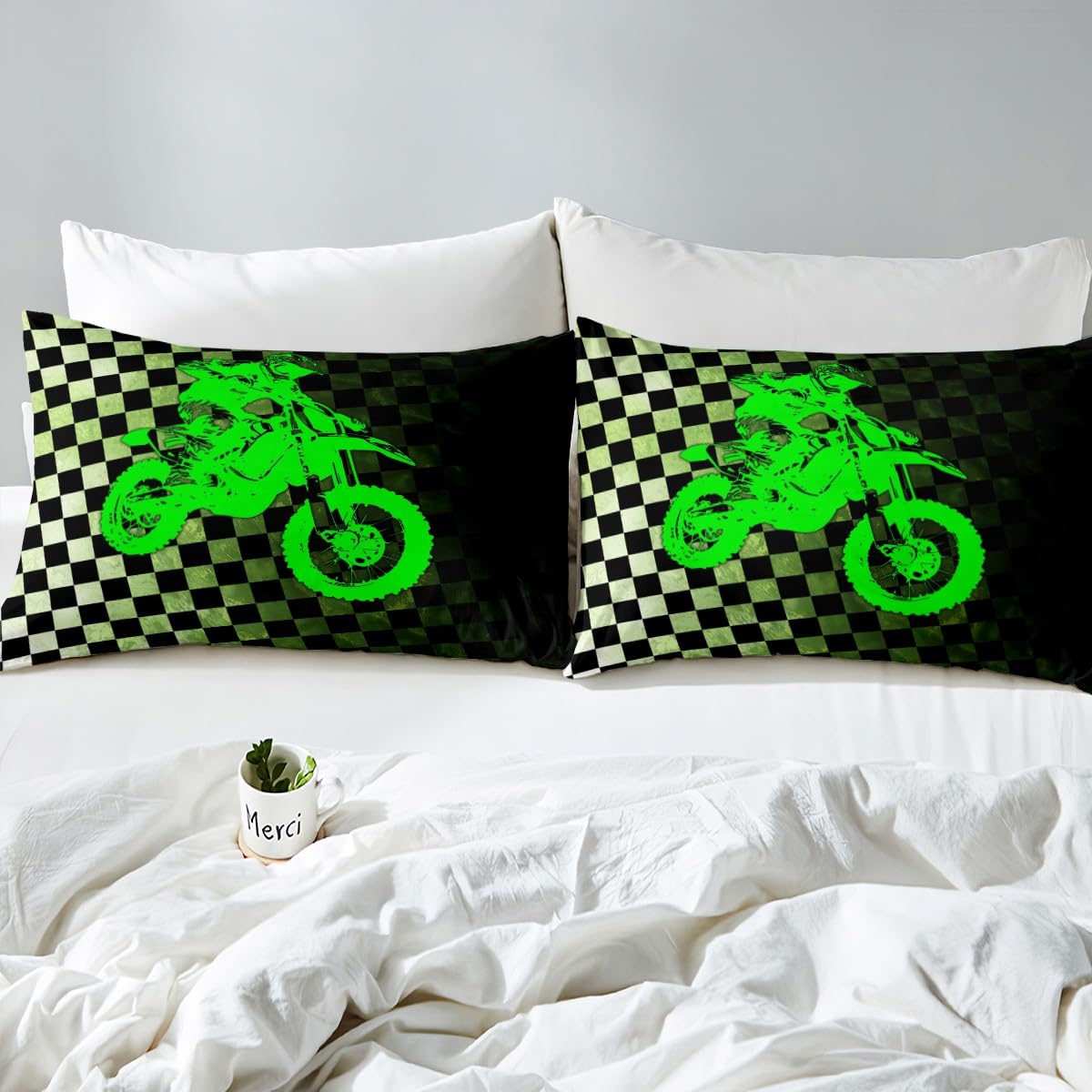 Boys Dirt Bike Bed Sheets,Motocross Rider Queen Sheet Set,Black and White Buffalo Plaid Sheets,Cool Sport Car Flat Sheet Fluorescent Green Motorcycle Fitted Sheet for Kids Teens Bedroom Decor…