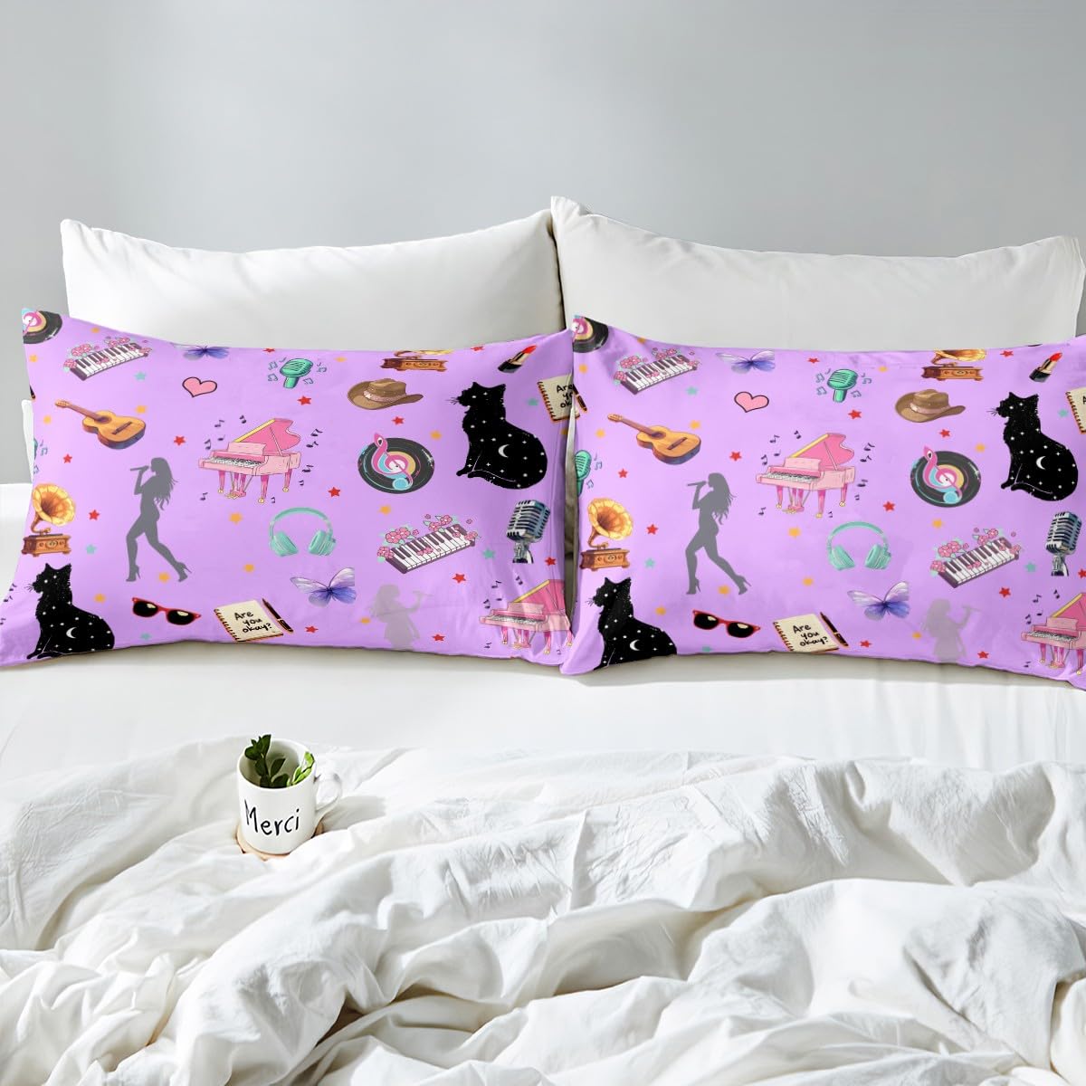 Erosebridal Romantic Purple Sheet Set King Music Themed Bed Sheets Set Black Cat Sheets Butterfly Stars Print Flat Fitted Sheet Modern Fashion Music Gift for Women Girls