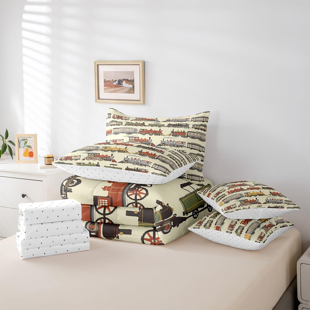 7 Pieces Twin Size Cartoon Train Comforter Set,Retro Steam Locomotive Train Bedding Set for Boys Girls,Transport Vehicle Yellow boho (Comforter+Fitted+Flat Sheet+2 Pillowcases+2 Throw Pillow Covers)