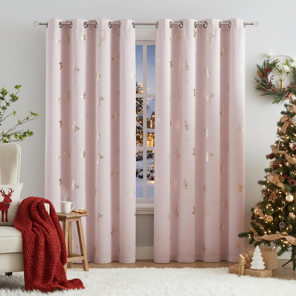 Jubilantex Pink and Gold Butterfly Blackout Curtains 84" Length for Baby Girls Nursery Bedroom and Living Room,80% Blackout Window Treatment,Grommet Top,2 Panels,Lavender Pink