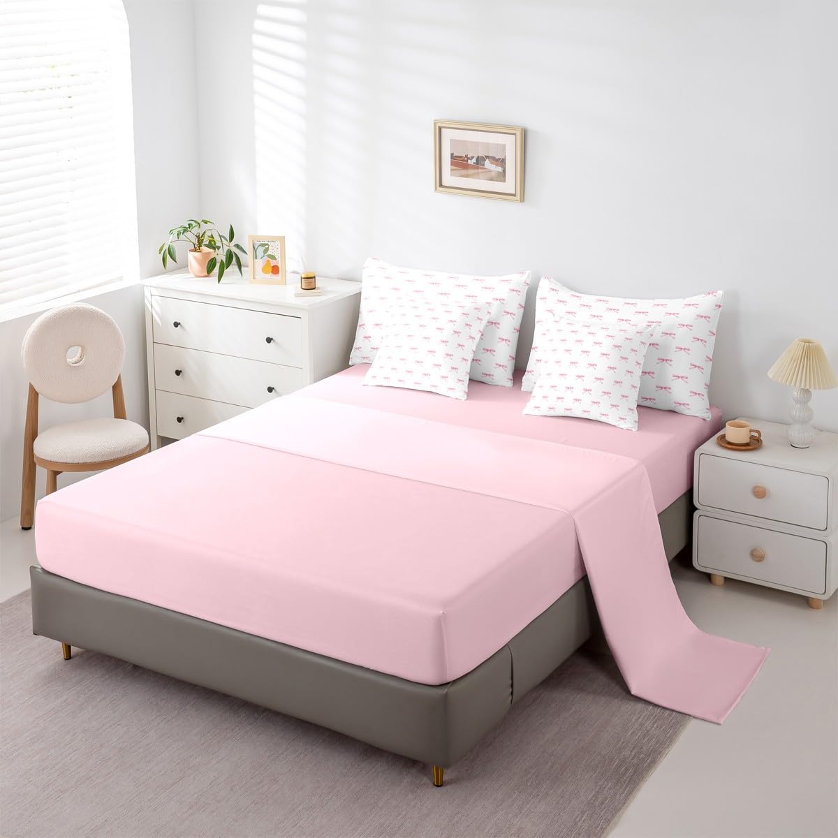 Erosebridal 7 Pieces Pink Bow Comforter King,Kids Cartoon Bowknot Butterfly Knot Princess Bedding Set for Girls,Dreamy Watercolor Ribbons Bow Tie Sheets with Pillowcases + Pillow Covers,Pink White