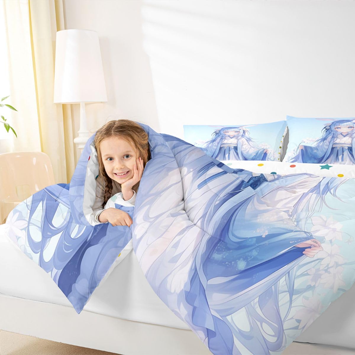 Erosebridal Traditional Japanese Comforter Set, 3D Anime Bedding for Kids Girls, Kawaii Decor With Blue Butterfly, Down Comforter Full Size