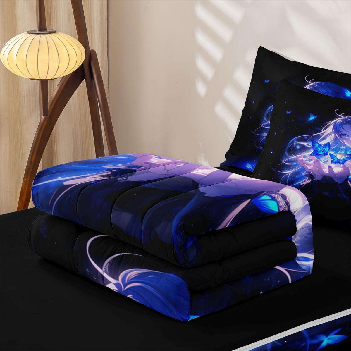 Erosebridal Japanese Girl Zipper Bedding Twin Size, Anime Gifts Kids Comforter Set - Butterfly Decorations Zip Up Comforter Bed in A Bag
