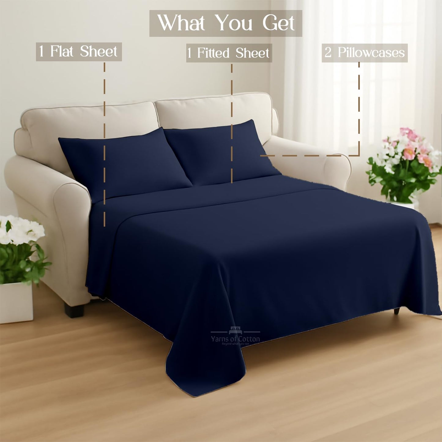 Sleeper Sofa Bed Sheet, 100% Cotton 400 Thread Count, 4 Piece Set, Deep Pocket Fitted Sheet, Soft Wrinkle Free & Breathable, Luxury Hotel Quality, Fits Up to 6 Inch Mattress (Full, Navy Blue)