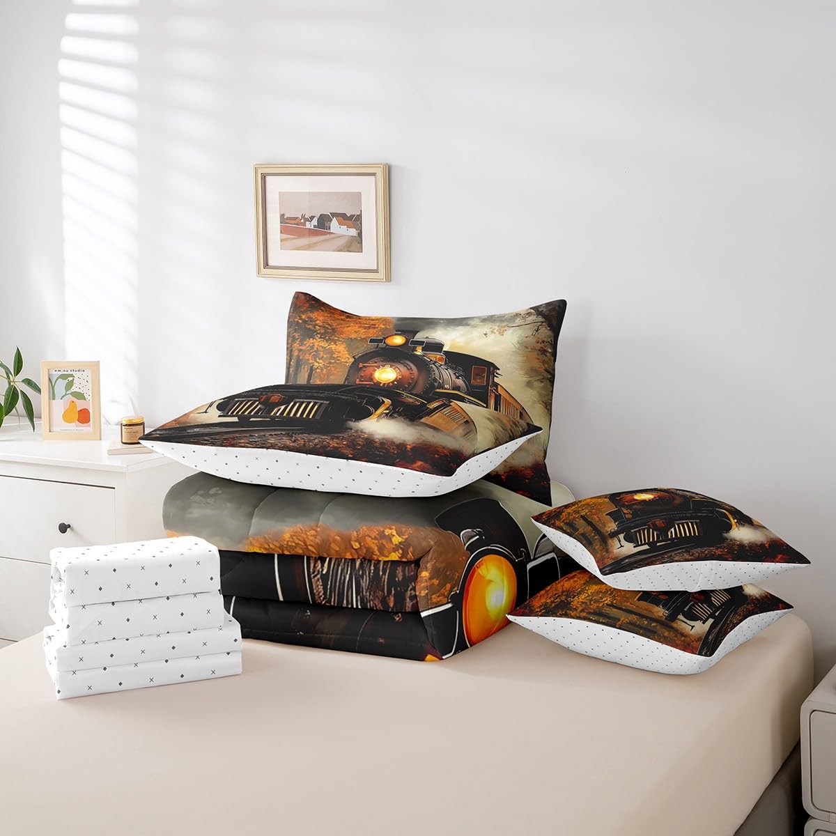 Erosebridal Train Bedding Set Retro Steam Engine Twin Comforter Set 7 Piece Railway Track Transport Bed in A Bag with Sheets for Kids Boys Teen Men,Autumn Fallen Leaves Bed Set