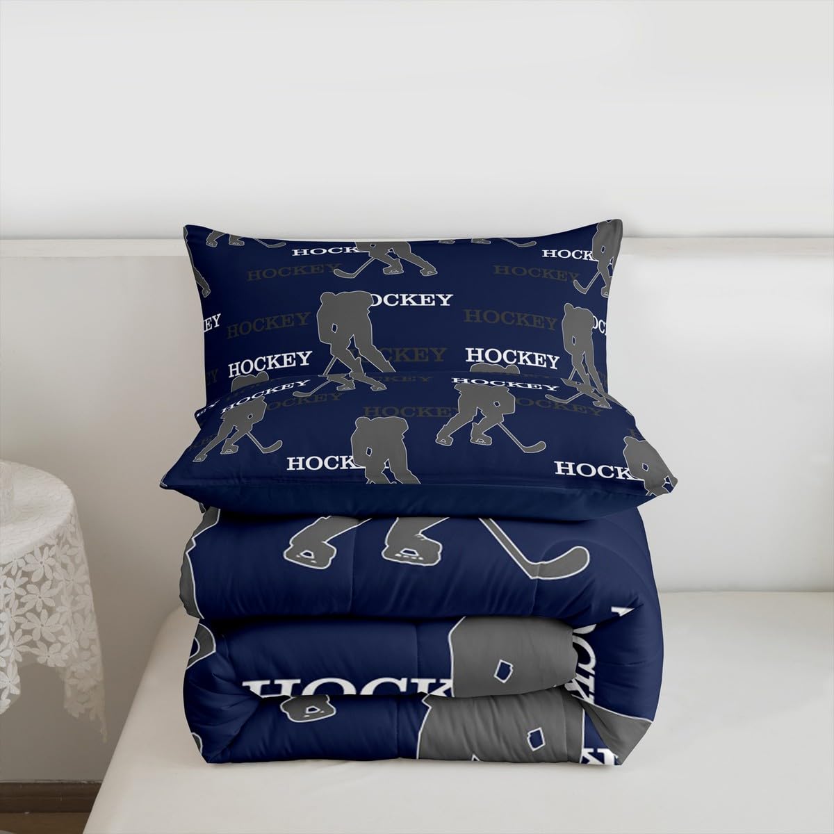 Manfei Hockey Players Kids Comforter Set Queen Size, Bedding Set,Girls Boys Room Decor,Competitive Games Teamwork Quilt Comforter,Dark Blue Gray Duvet Set Bedroom Quilt Set,2 Pillowcases