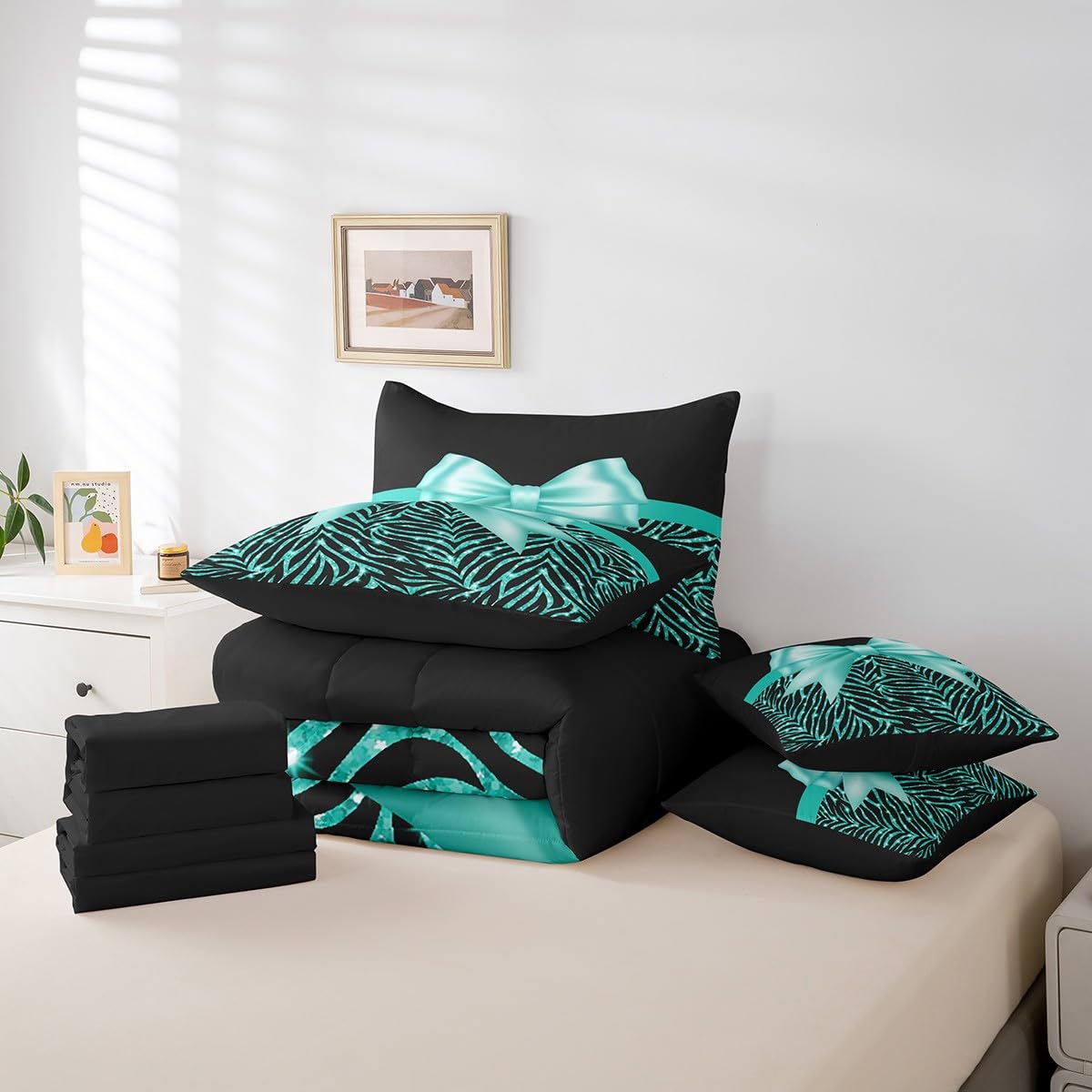Feelyou Teal Bowknot 7 Piece Bedding Set Queen Size Glitter Print Comforter Set with Sheets for Kids Girls Adult Cute Bowknot Bed in a Bag Black Silver Bed Set