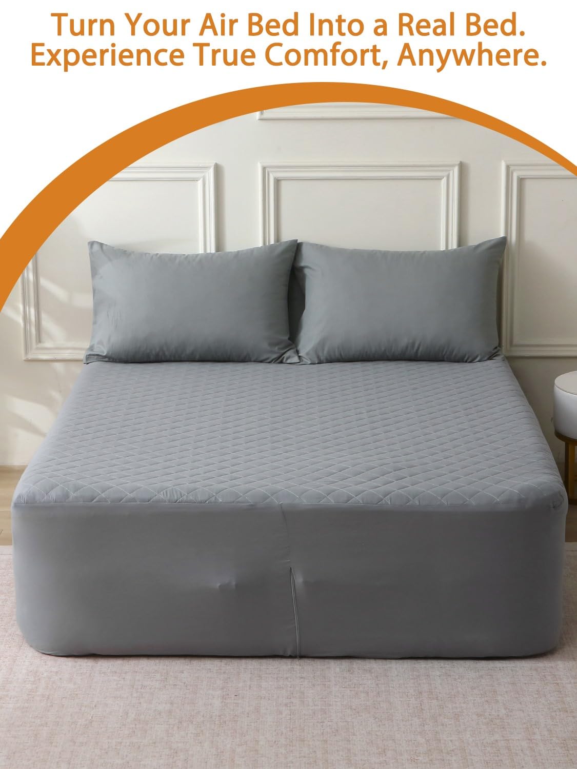 Bedecor Twin Quilted Air Mattress Pad with Pump Access Zipper,Air Bed Protector Cover, Deep Pocket Fits 18-24 Inch Blow Up Beds, Quiet & Breathable,Gray Diamond