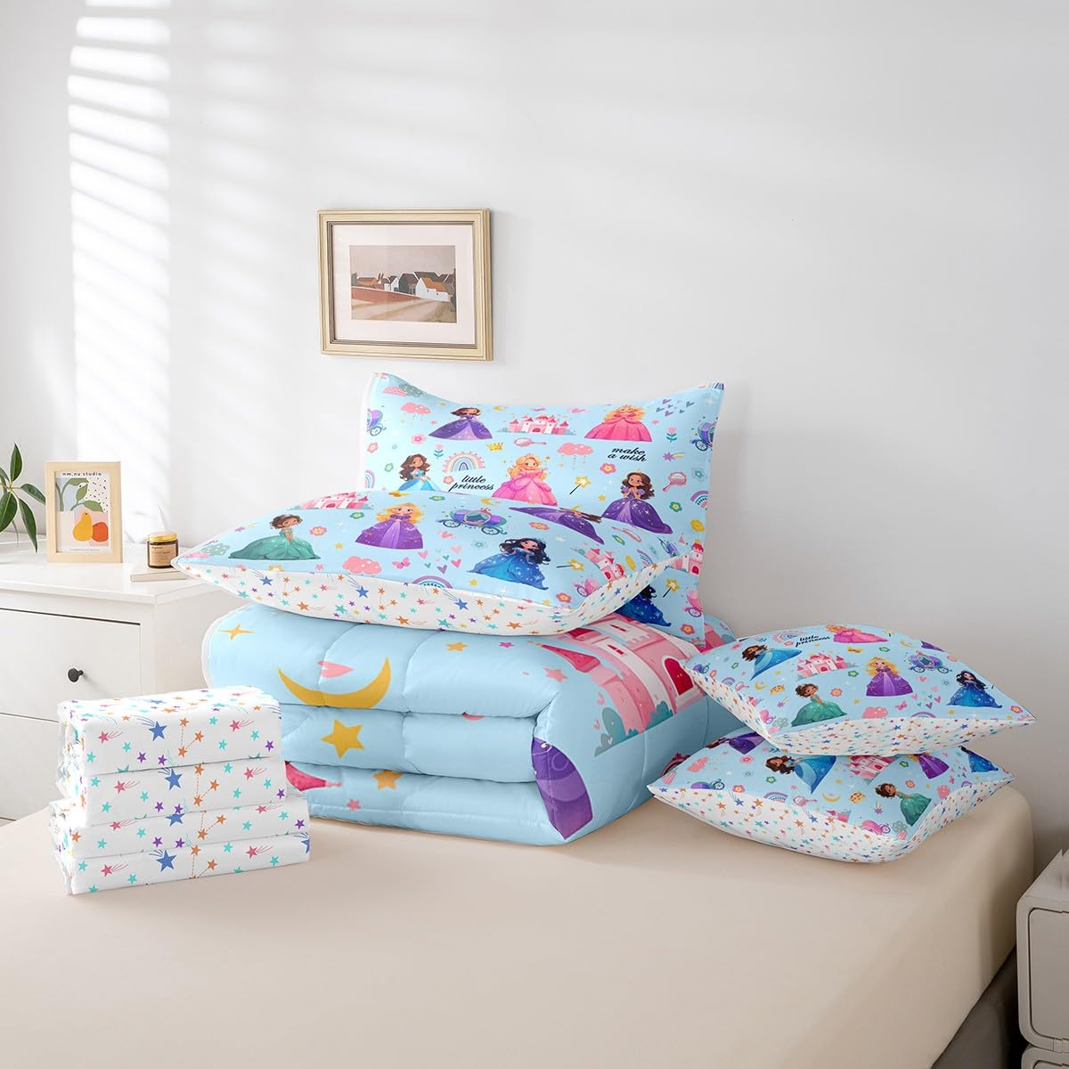 jejeloiu Cute Princess 7 Piece Bedding Set Queen Size Castle Comforter Set with Sheets,Pillowcases & Cushion Cover for Adults Fairy Dreamy Bed in a Bag Rainbow Flower Blue All Season Soft