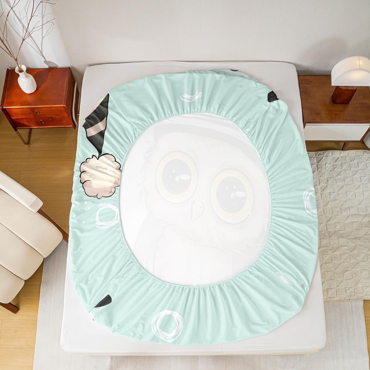 Manfei Owl Sherpa Fitted Sheet Full,Sleeping Sign Bedding Set 3pcs for Kids Teens Girls Room Decor,Contemporary Style Bed Cover Light Green Bed Sheet Set with 2 Pillowcases
