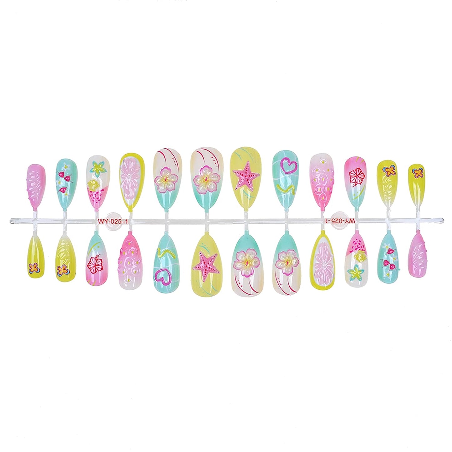 24Pcs Summer Colorful Press on Nails Medium Almond Fake Nails 3D Cute Flower Fruit with Pearl Design,Beach Starfish False Nails Full Cover Glue on Nails Artificial Acrylic Nails Handmade DIY for Women