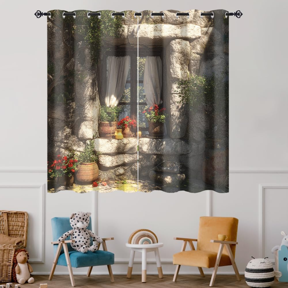 XSUPFLYM Beautiful Retro Spring Garden Window Perforated Curtains Romantic Retro Stone Wall Plant Flowers Pattern Thermal Curtains Suitable for Bedroom 2 Panels Each 21" W x 45" L