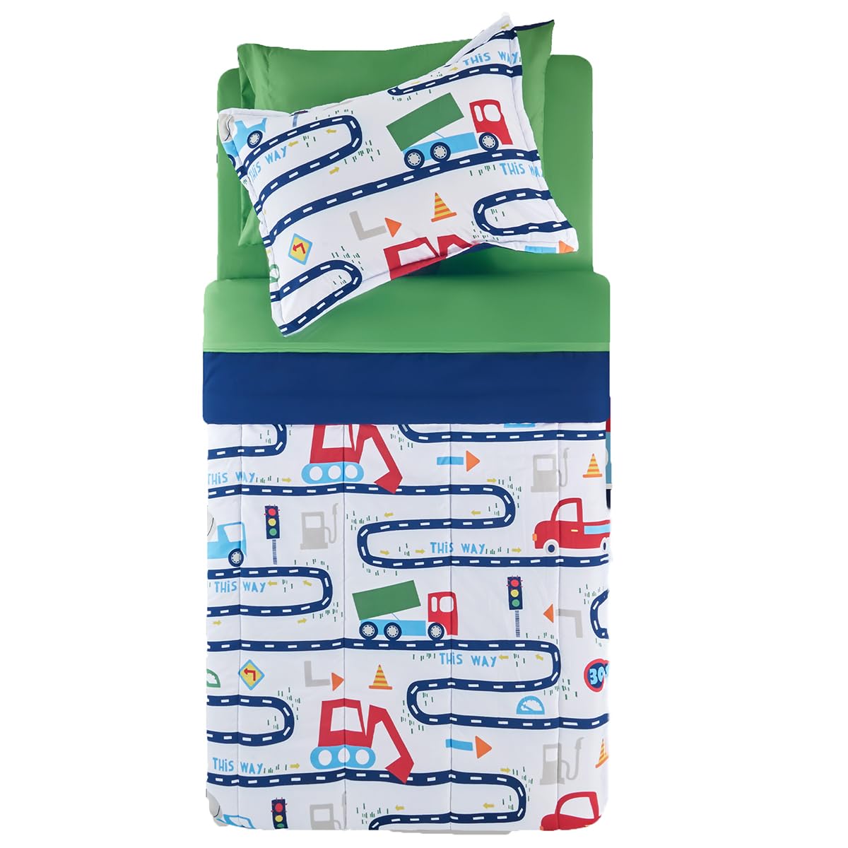 SLEEP ZONE Kids Bedding Comforter Set Twin Size Super Cute Soft Kids Bed in a Bag 5 Pieces with Comforter, Sheet, Pillowcase and Sham, Road Trip