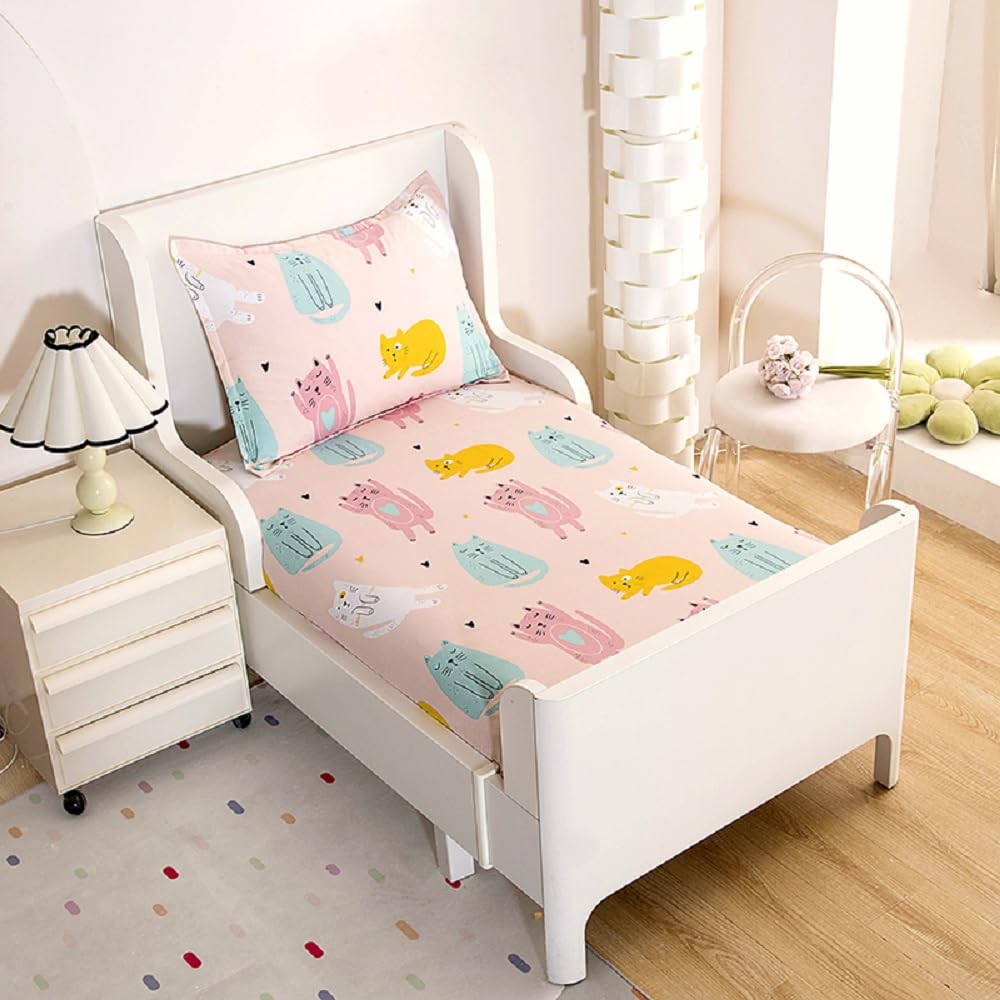 KWLOVER 2PC Soft Bed Fitted Sheet and Pillowcases Set,Cute Cats Printed Sheets for Kids Boys Girls Full Size Bed (Pink Cats, Full)
