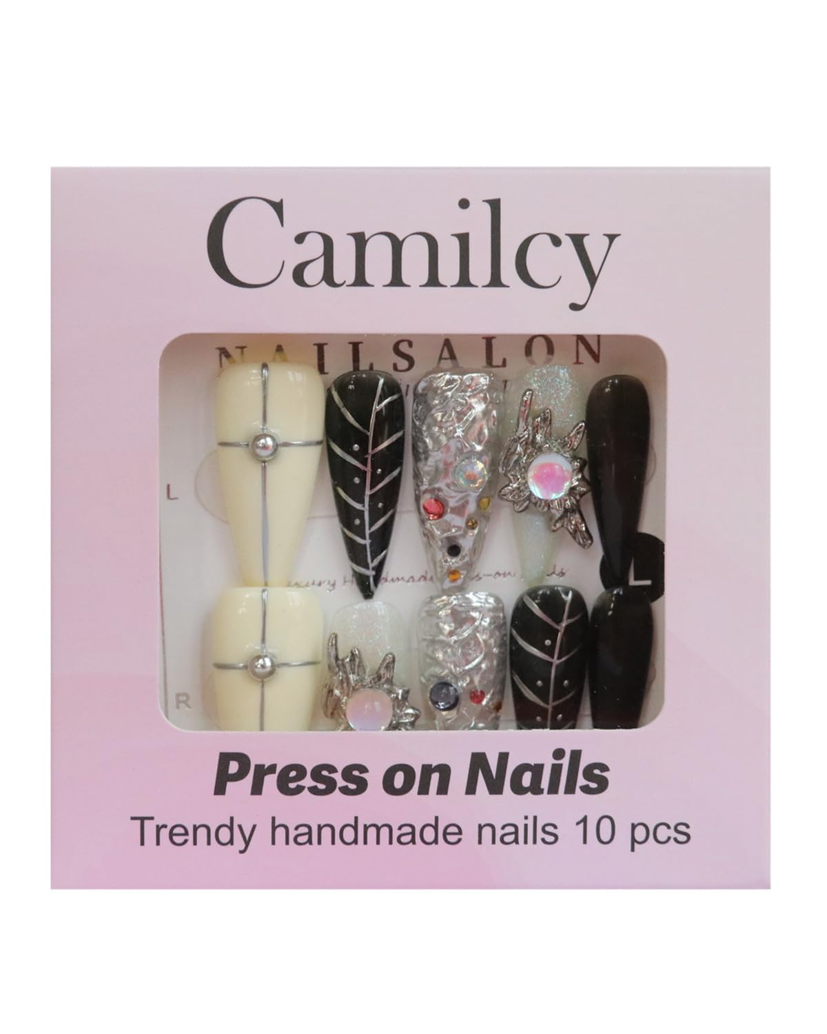 CAMILCY Luxury Handmade Press on Nails Black Stiletto Press on Nails Long Almond Handmade Fake Nails Glossy Silver Grey Chrome Gothic Acrylic Nails for Women 10pcs (A037, M)