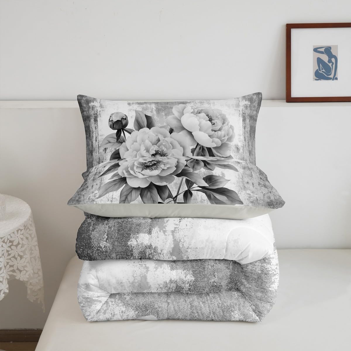 Erosebridal Watercolor Peony Floral Queen Comforter Set Abstract Oil Painting Bedding Set Rustic Farmhouse Bed Set Gray White Flowers Quilt Set